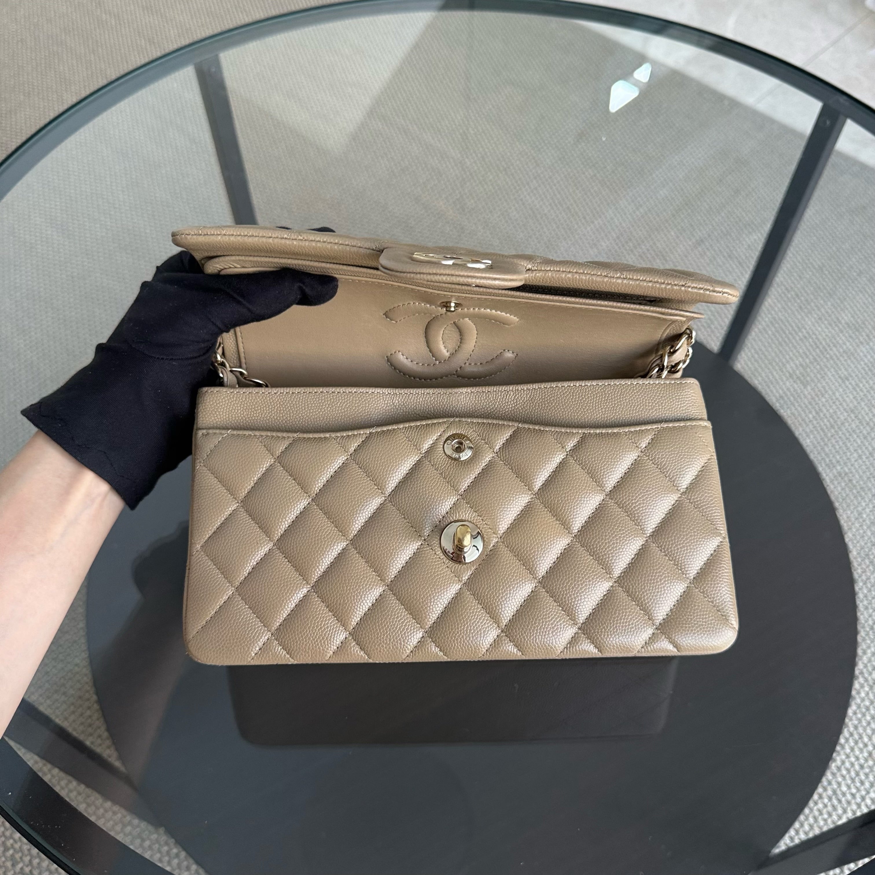 Chanel Classic Flap Small - Caviar 23CM Quilted Dark Beige Gold Hardware Microchip