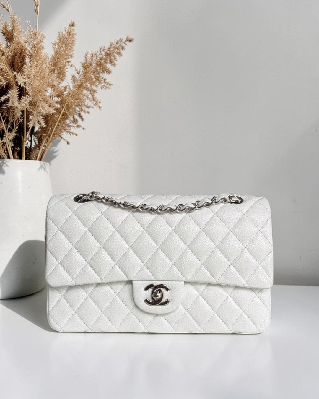 Chanel Classic Flap Medium - Caviar Quilted White Silver Hardware Series 18