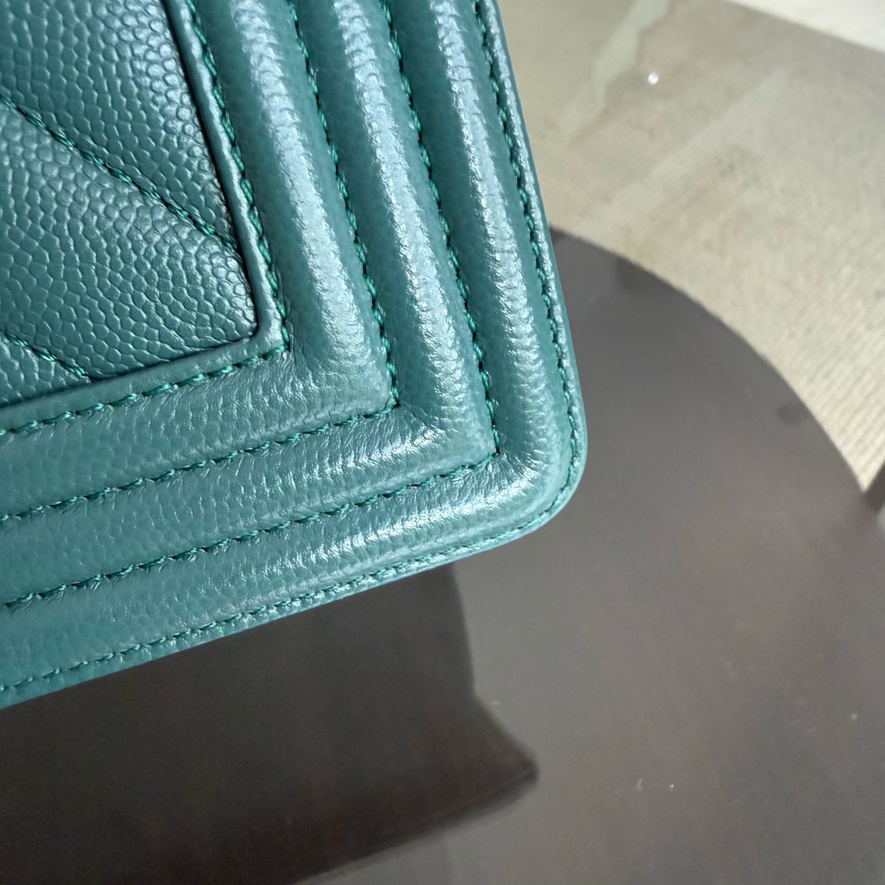 Chanel Boy Medium - Caviar 25CM Chevron Dark Green Ruthenium Silver Hardware Series 24