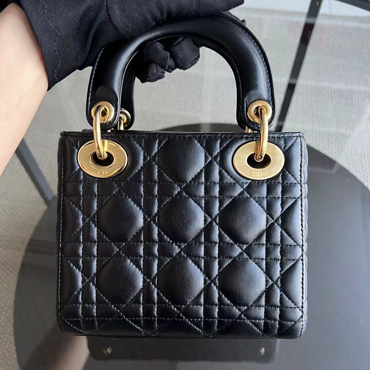 *Adjustable Strap* Lady Mini Cannage Lambskin Black Golden Hardware