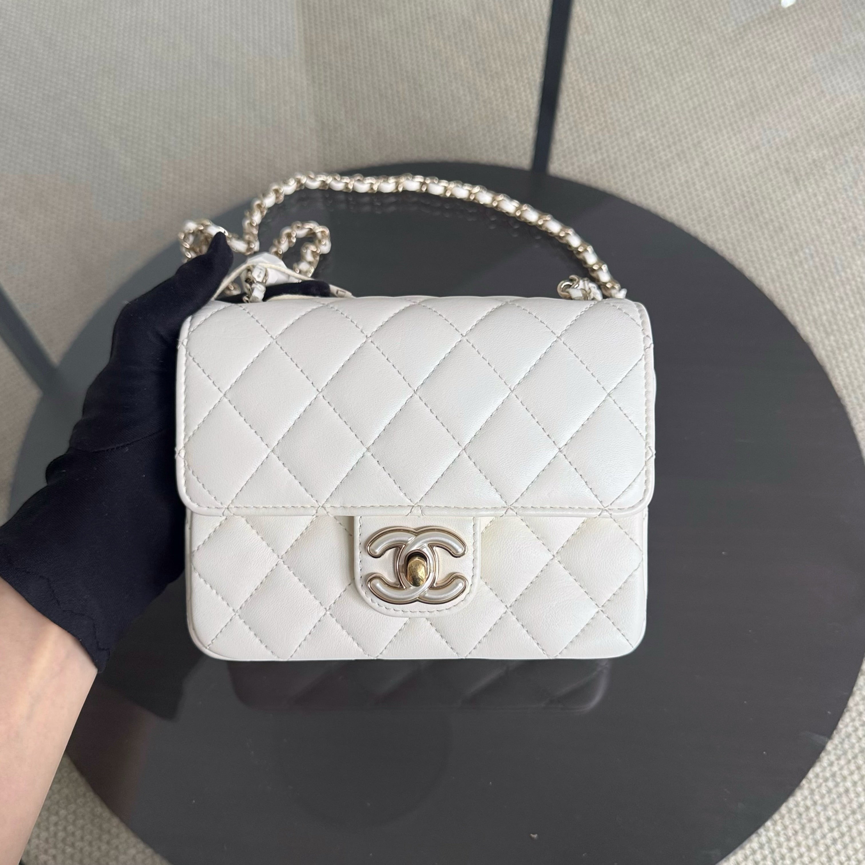Chanel Classic Flap Mini Square - Lambskin Quilted White Gold Hardware Microchip