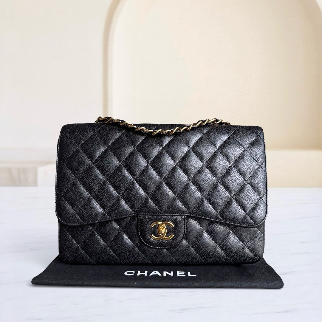 Chanel Classic Flap Jumbo - Caviar 30CM Single Flap Quilted Black Gold Hardware Series 13
