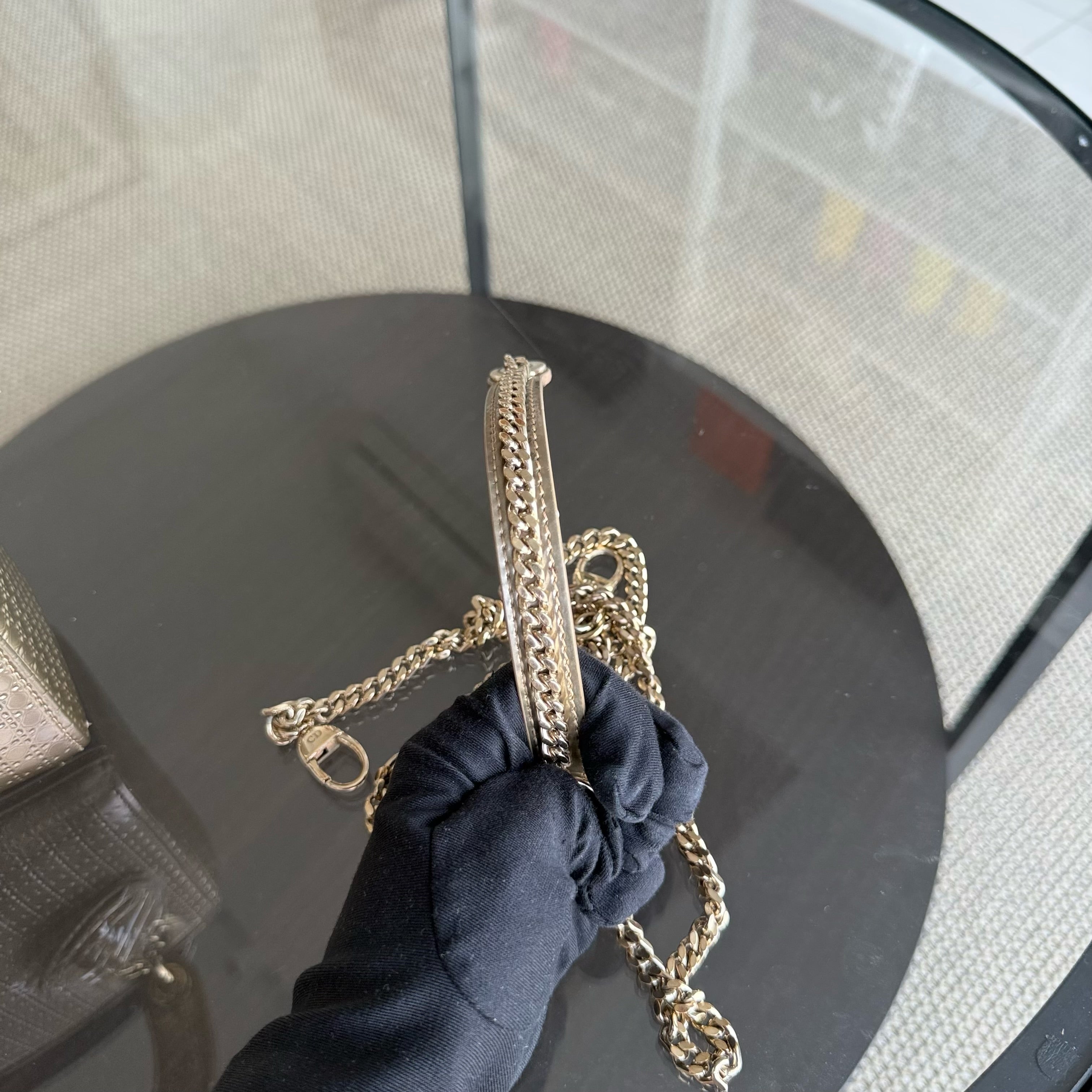 Dior Lady Mini - Calfskin Micro-Cannage Metallic Gold Gold Hardware Chain Strap