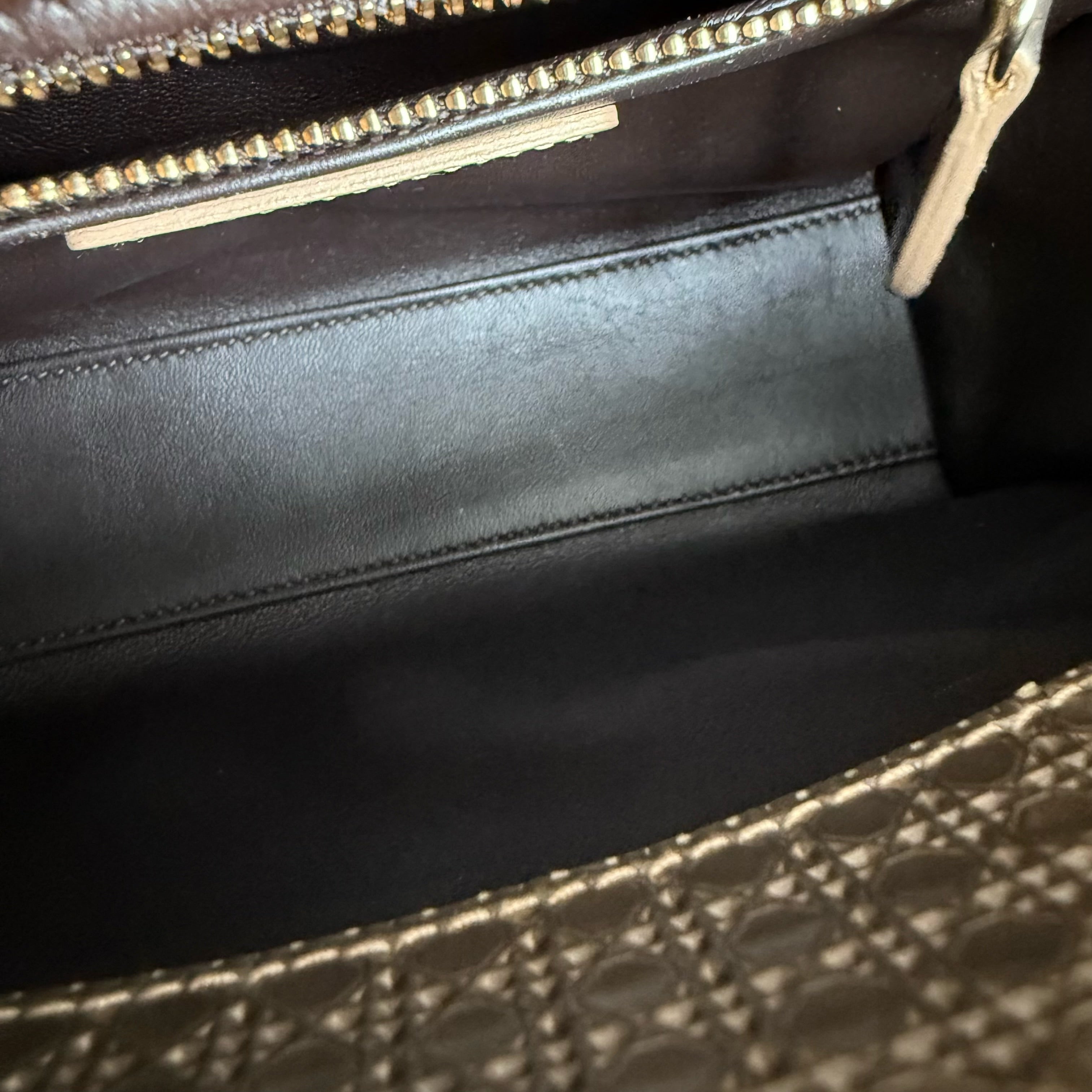 Dior Lady Mini - Calfskin Micro-Cannage Metallic Gold Gold Hardware Adjustable Strap