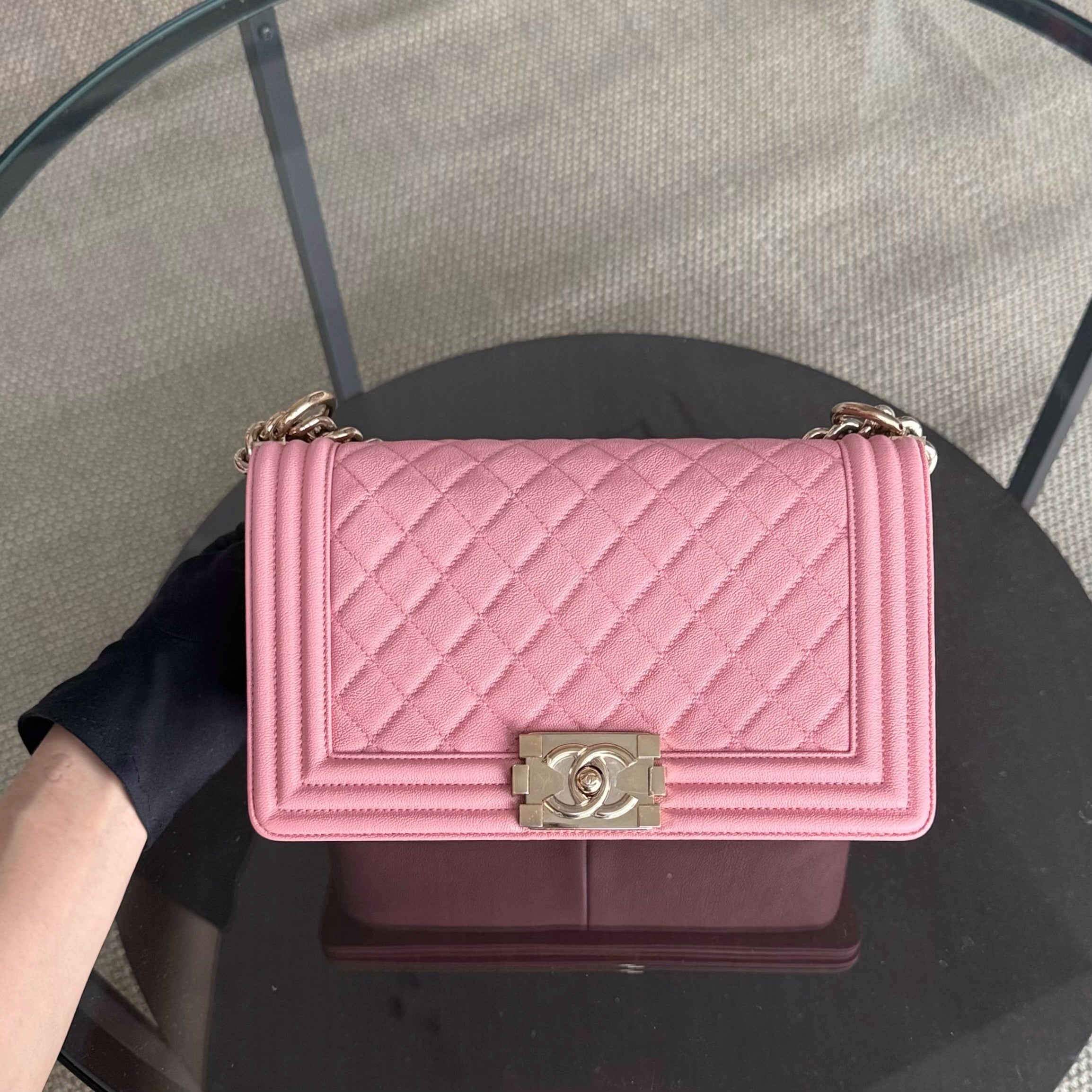 Chanel Boy Medium - Caviar 25CM Quilted Pink Gold Hardware Series 27