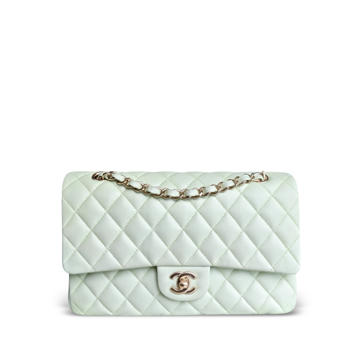 Chanel Classic Flap Medium - Caviar 25CM Quilted Grained Calfskin Light Mint Green Gold Hardware Microchip