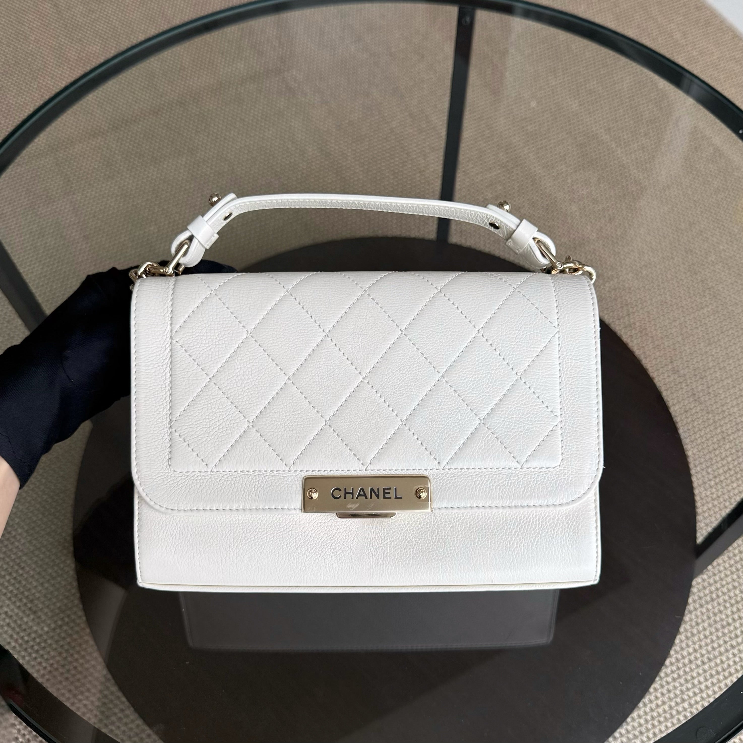 Chanel Label Click Medium - 25CM Quilted Calfskin White Gold Hardware Series 23