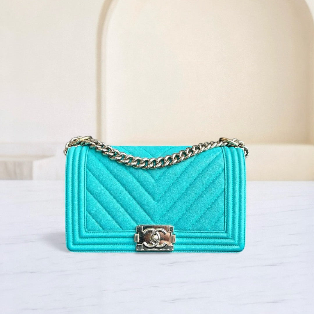 Caviar Boy Old Medium 25CM Chevron Grained Calfskin Cyan Green Blue Light Golden Hardware Series 27