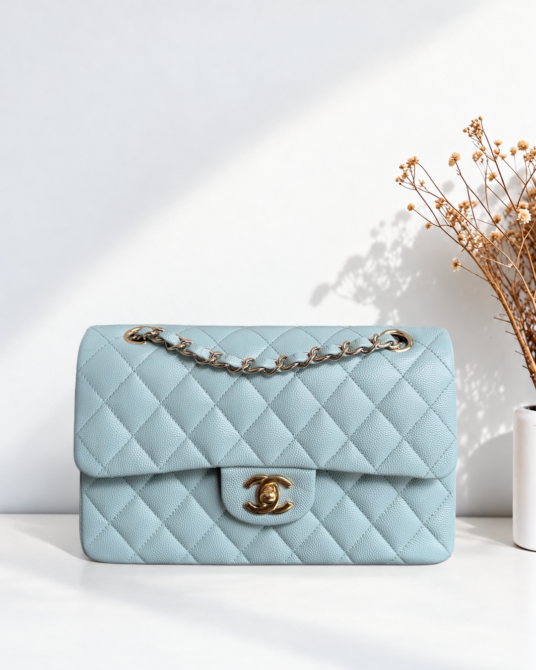 Chanel Classic Flap Small - Caviar 23CM Quilted Baby Blue Light Gold Hardware Microchip