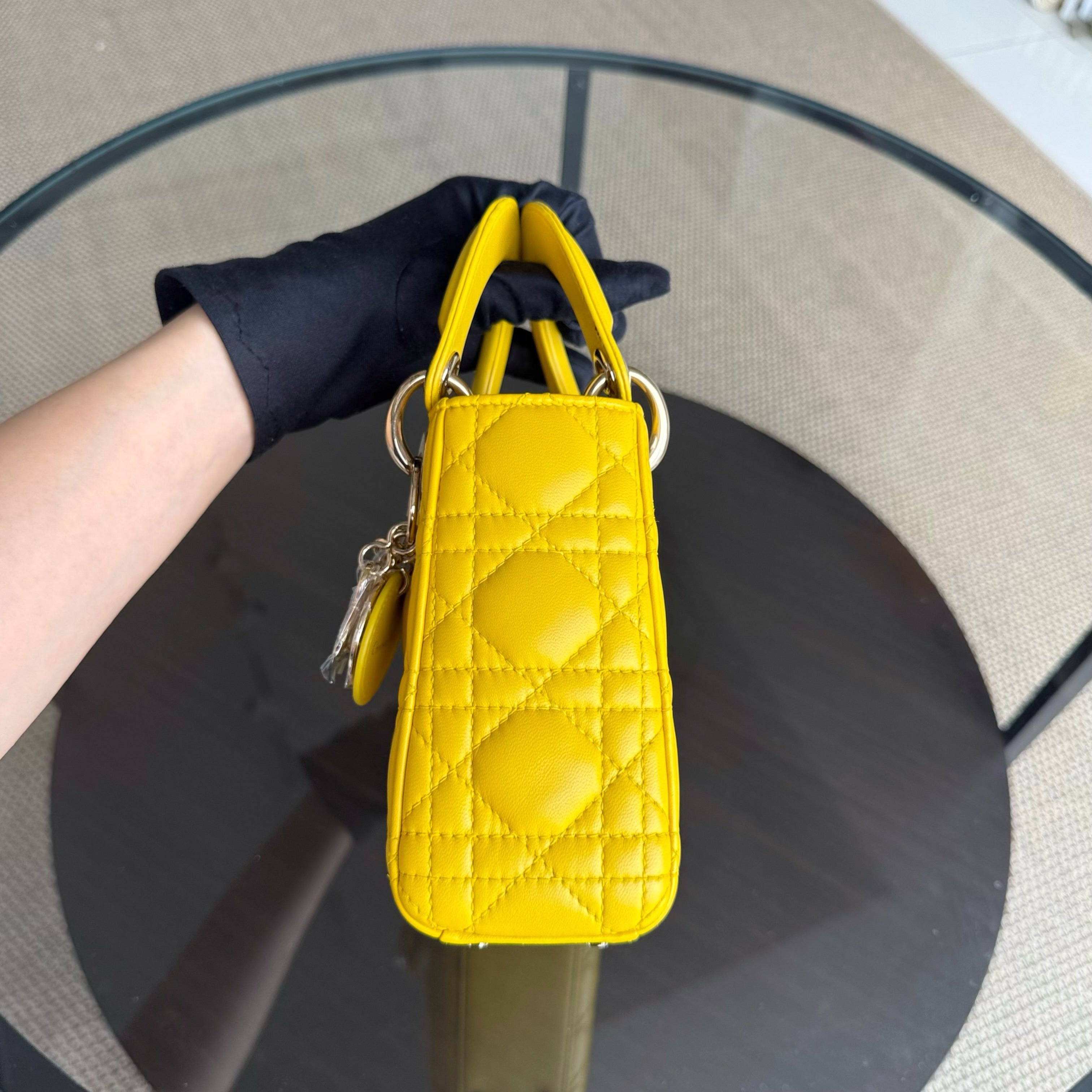 Dior Lady Mini - Cannage Lambskin Yellow Silver Hardware Adjustable Strap