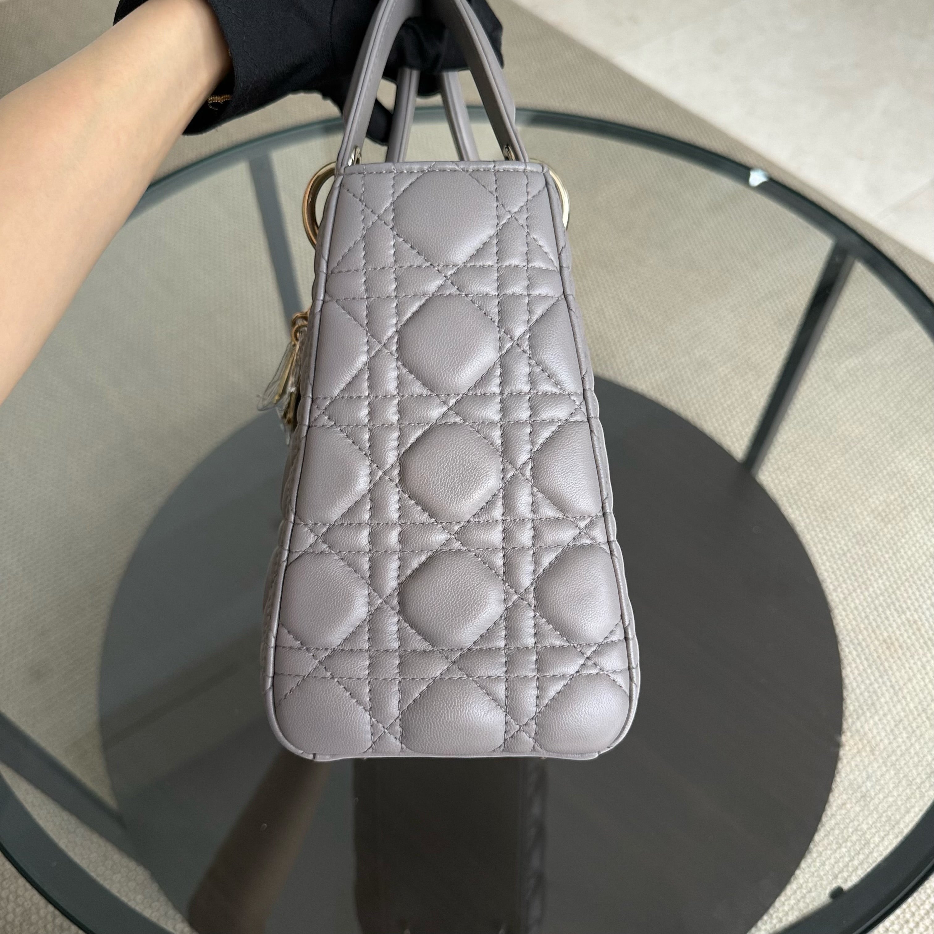 Dior Lady Medium - Cannage Lambskin Gray Grey Gold Hardware Adjustable Strap