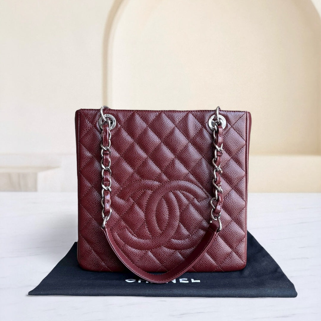 Chanel Caviar PST Petite Shopping Tote Quilted Grained Calfskin Burgundy Silver Hardware Series 18