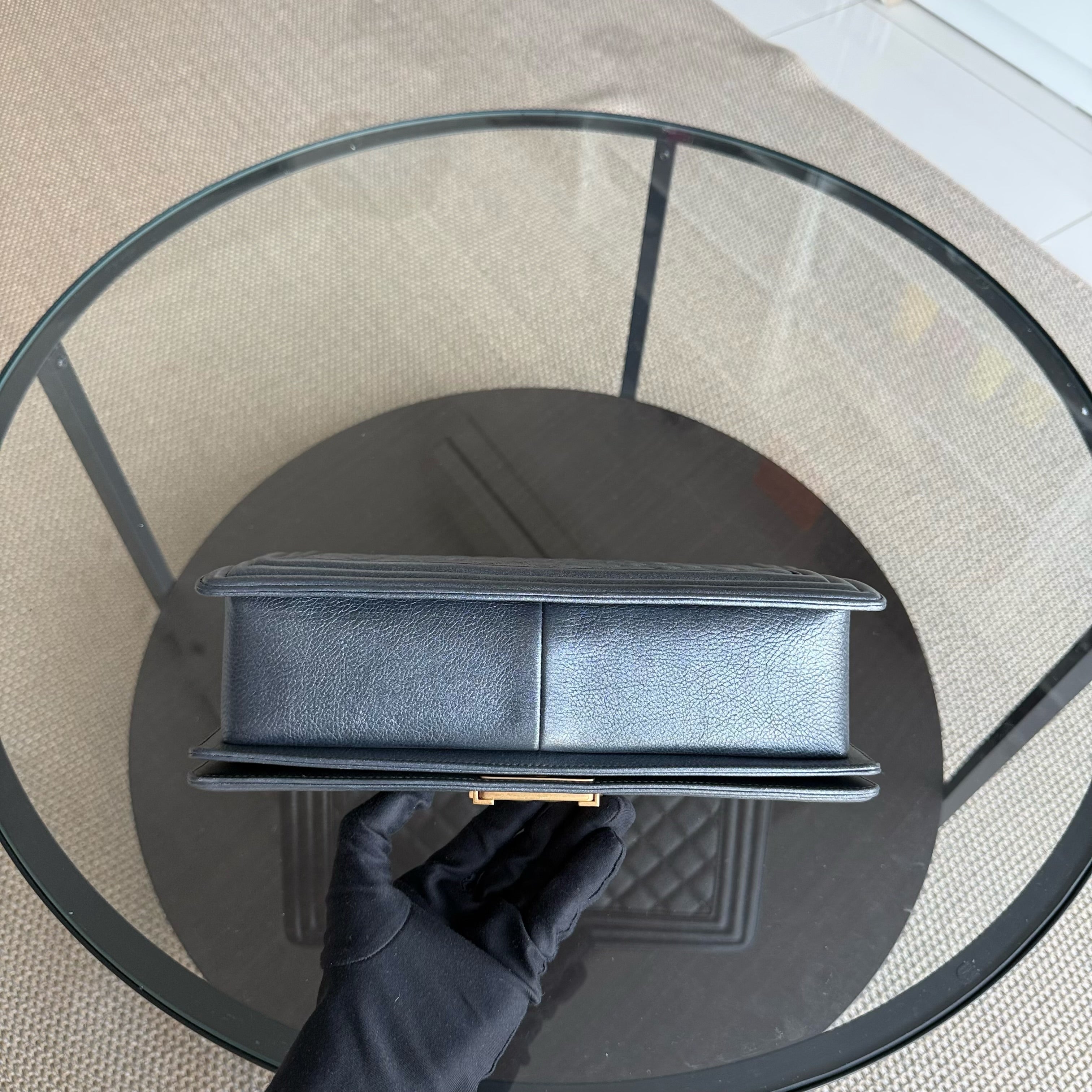 Chanel Boy New Medium - 28CM Quilted Grained Calfskin Dark Gray Ruthenium Gold Hardware Series 20