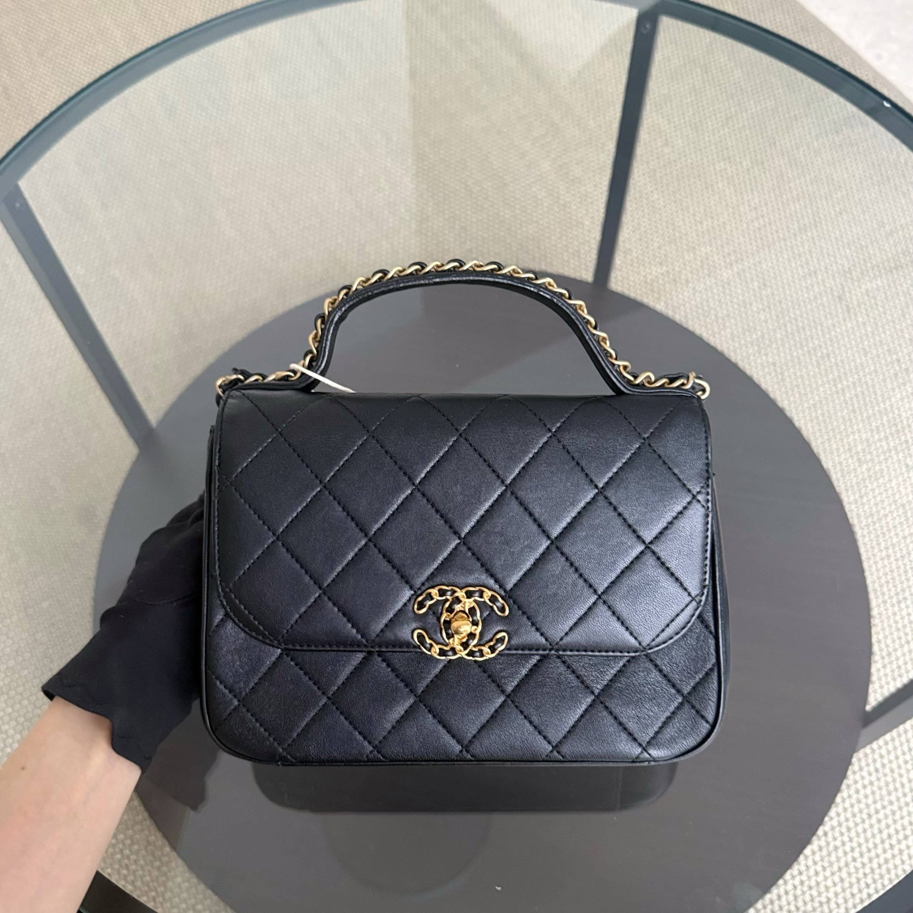 Chanel 19 Bag Flap - C19 With Top Handle Quilted Black Gold Hardware Series 28