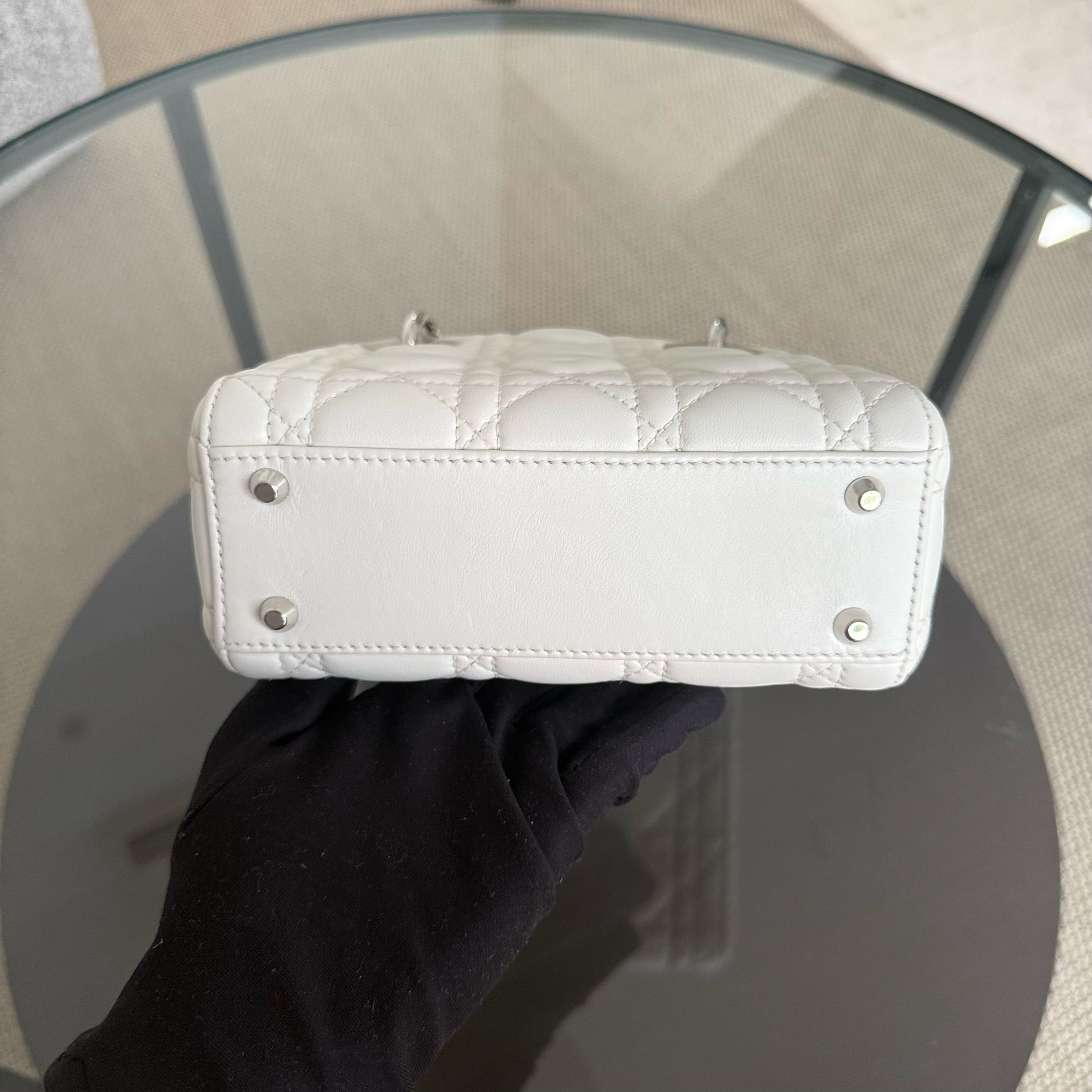 Dior Lady Mini - Cannage Lambskin White Silver Hardware Chain Strap