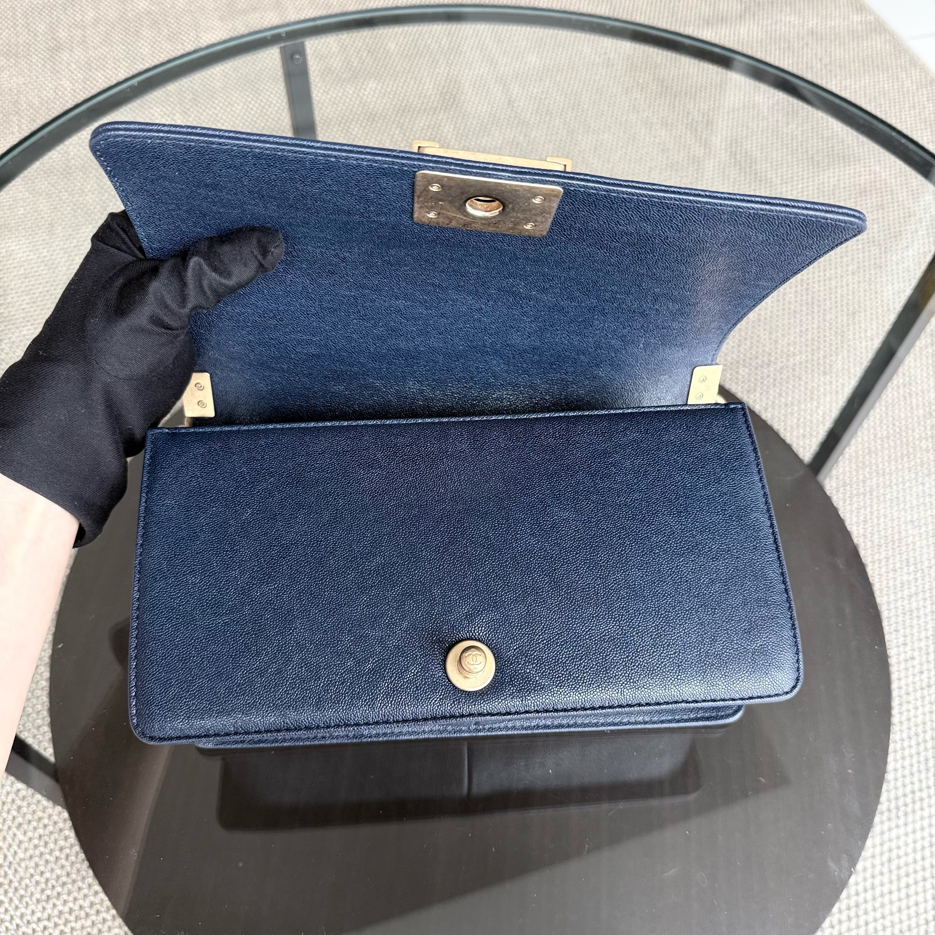 Chanel Boy Medium - Caviar 25CM Quilted Dark Blue Gold Hardware Series 27