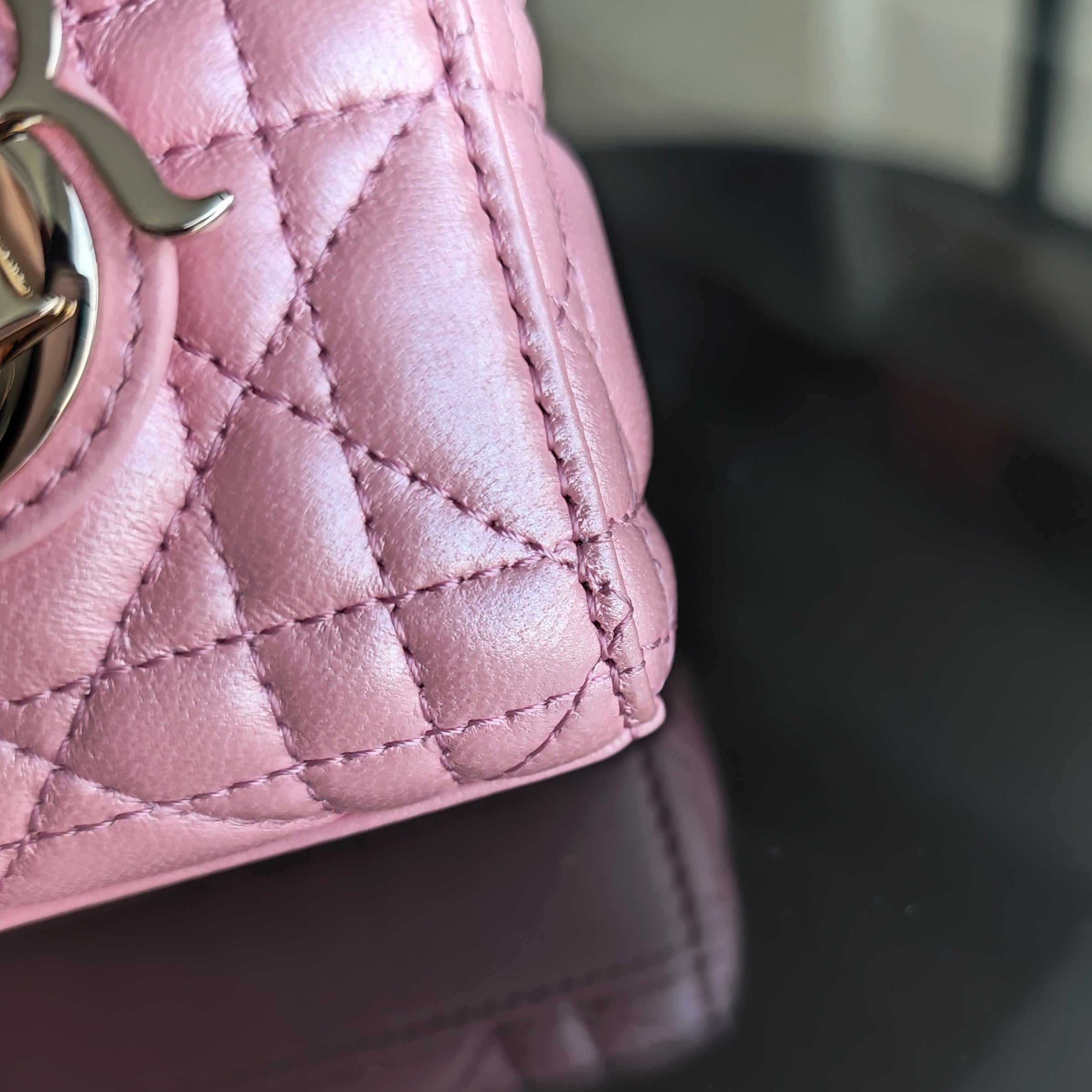 Dior D-Joy Micro - Cannage Lambskin Iridescent Pink Gold Hardware 17CM