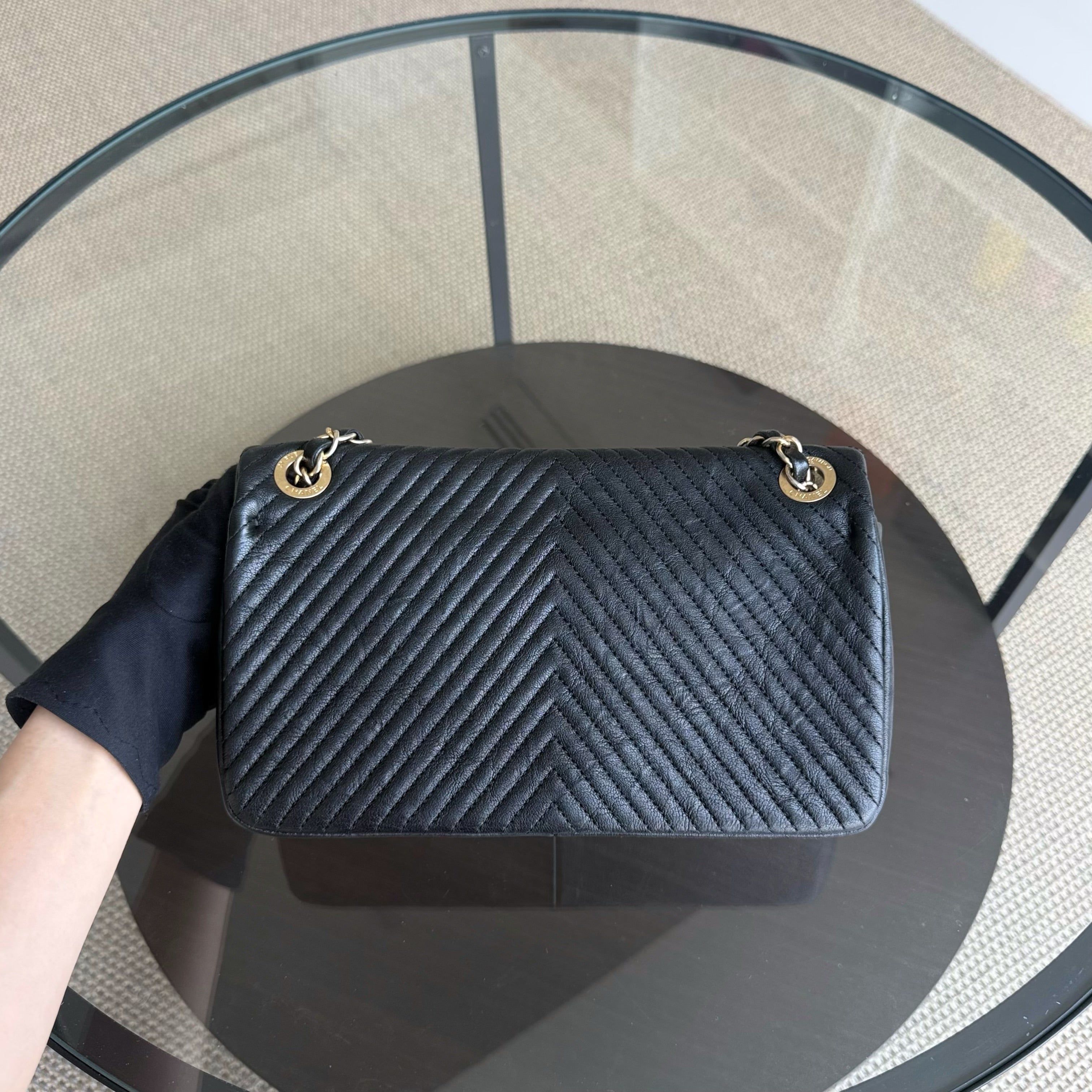 Chanel Seasonal Flap - Chevron Surpique CC Herringbone Medallion Calfskin Flap Black Gold Hardware Series 22