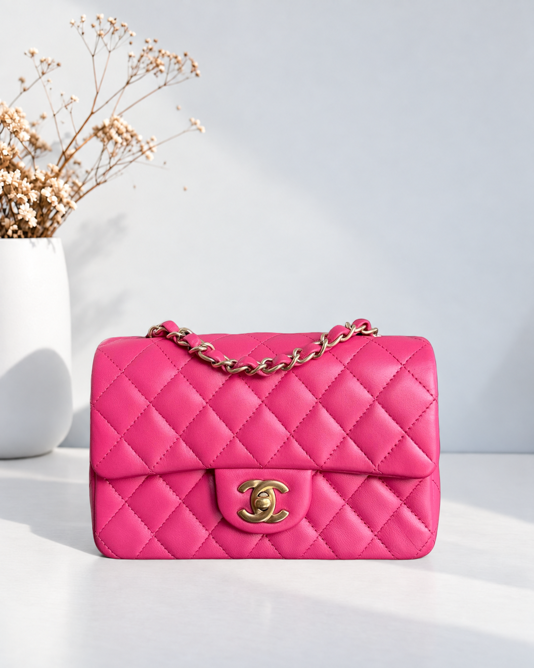 Chanel Mini Rectangle Classic Flap - 20CM Lamskin Quilted Pink Gold Hardware Series 18