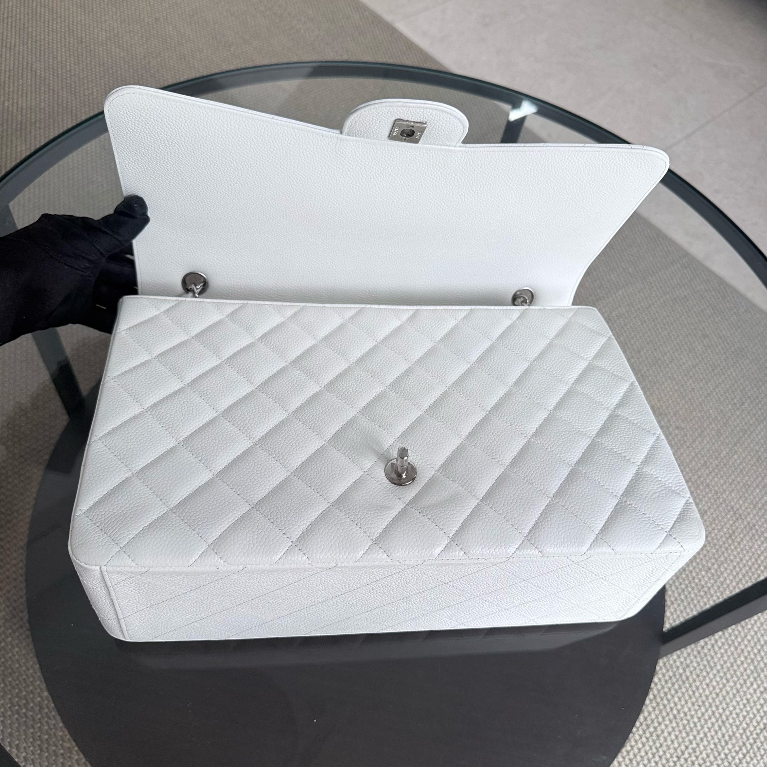 Chanel Classic Flap Maxi - Caviar 33CM Single Flap Quilted White Silver Harware Series 13