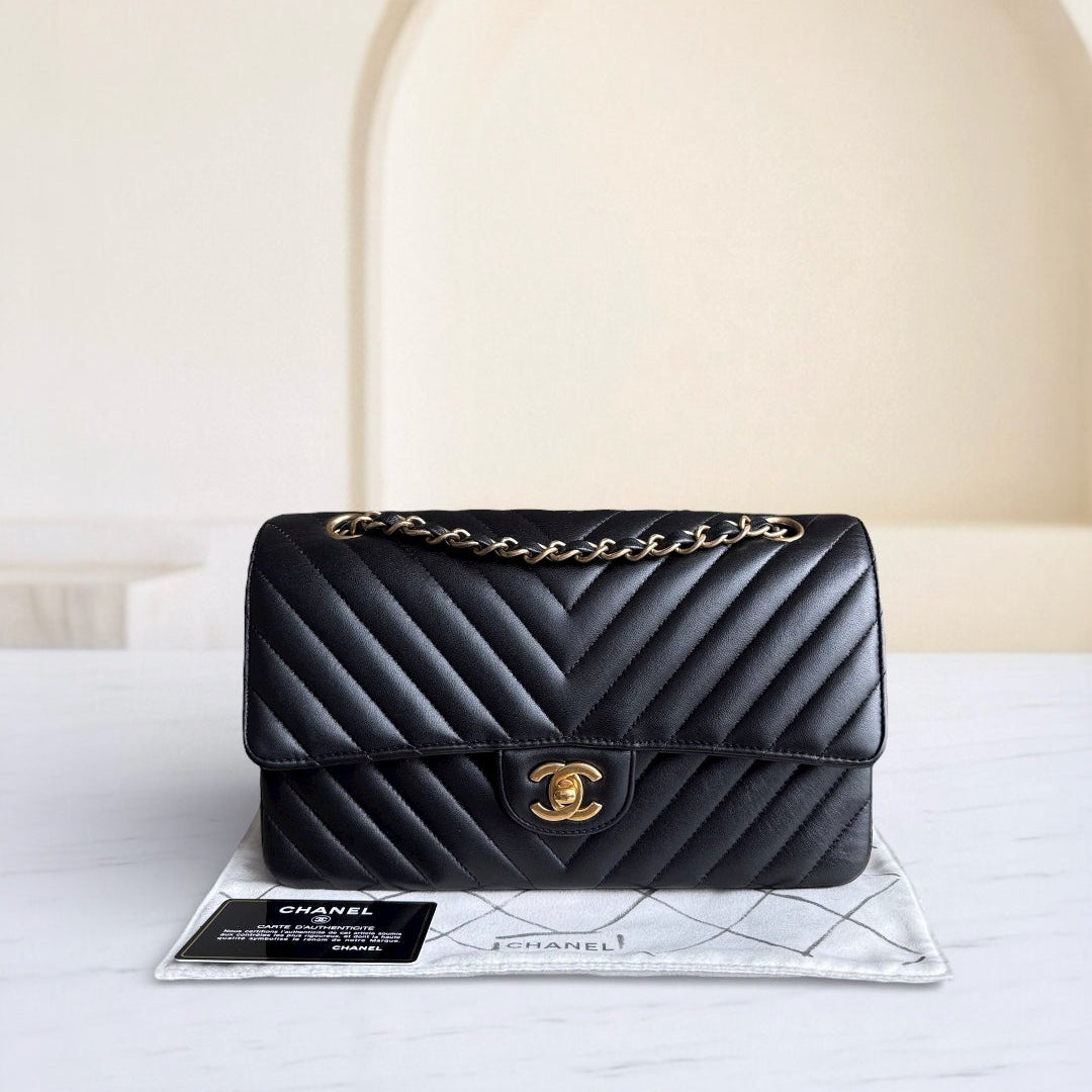 Chanel Classic Flap Medium - 25CM Chevron Lambskin Black Gold Hardware Series 27