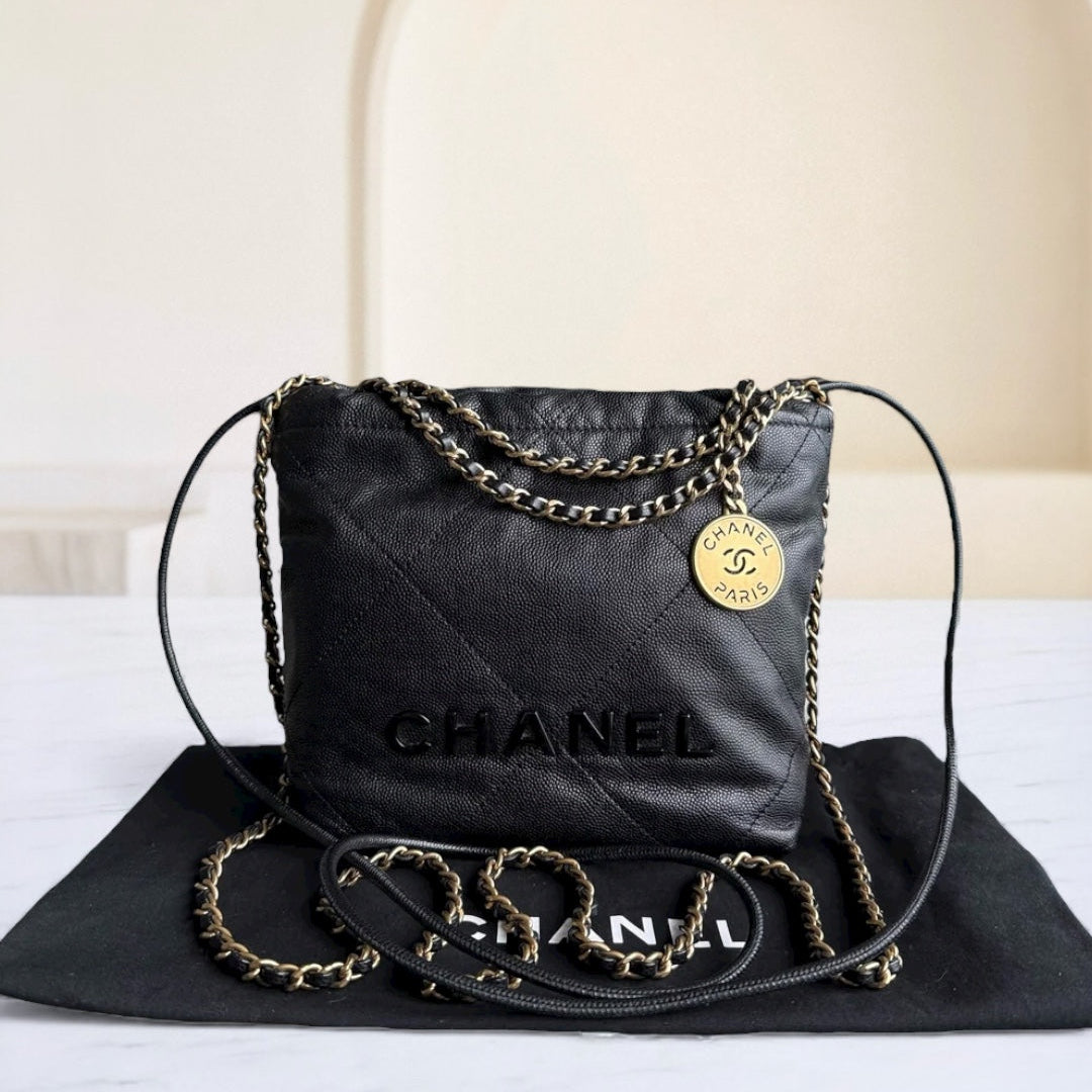 Chanel C22 Mini 22 Bag - Caviar Quilted Calfskin Crossbody Bag Gold Hardware Microchip