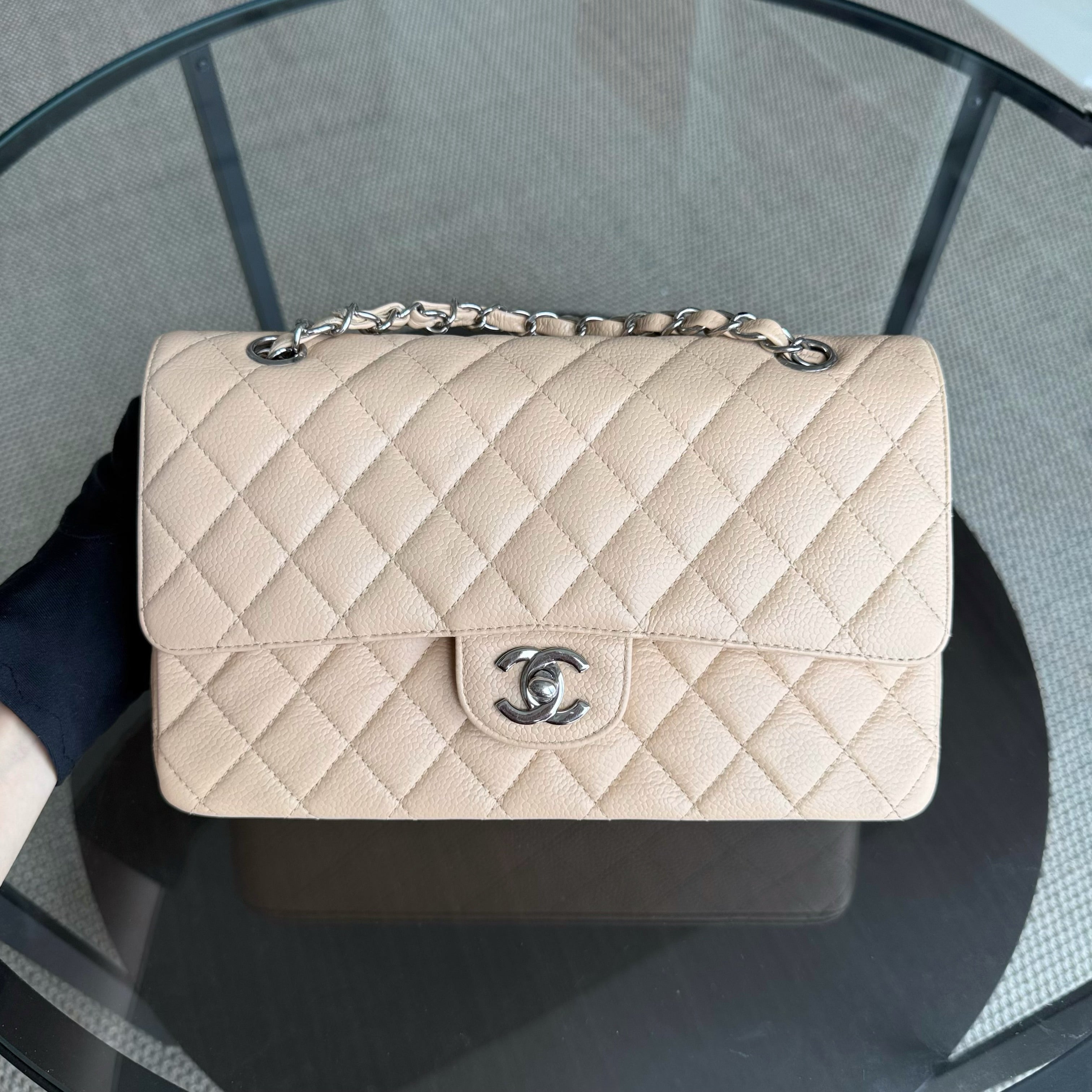 Chanel Classic Flap Medium - 25CM Quilted Caviar Beige Silver Hardware Series 12