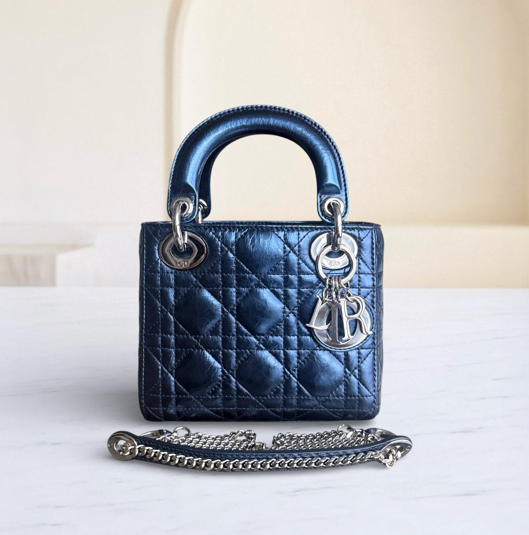 Dior Lady Mini - Cannage Glazed Calfskin Metallic Blue Silver Hardware