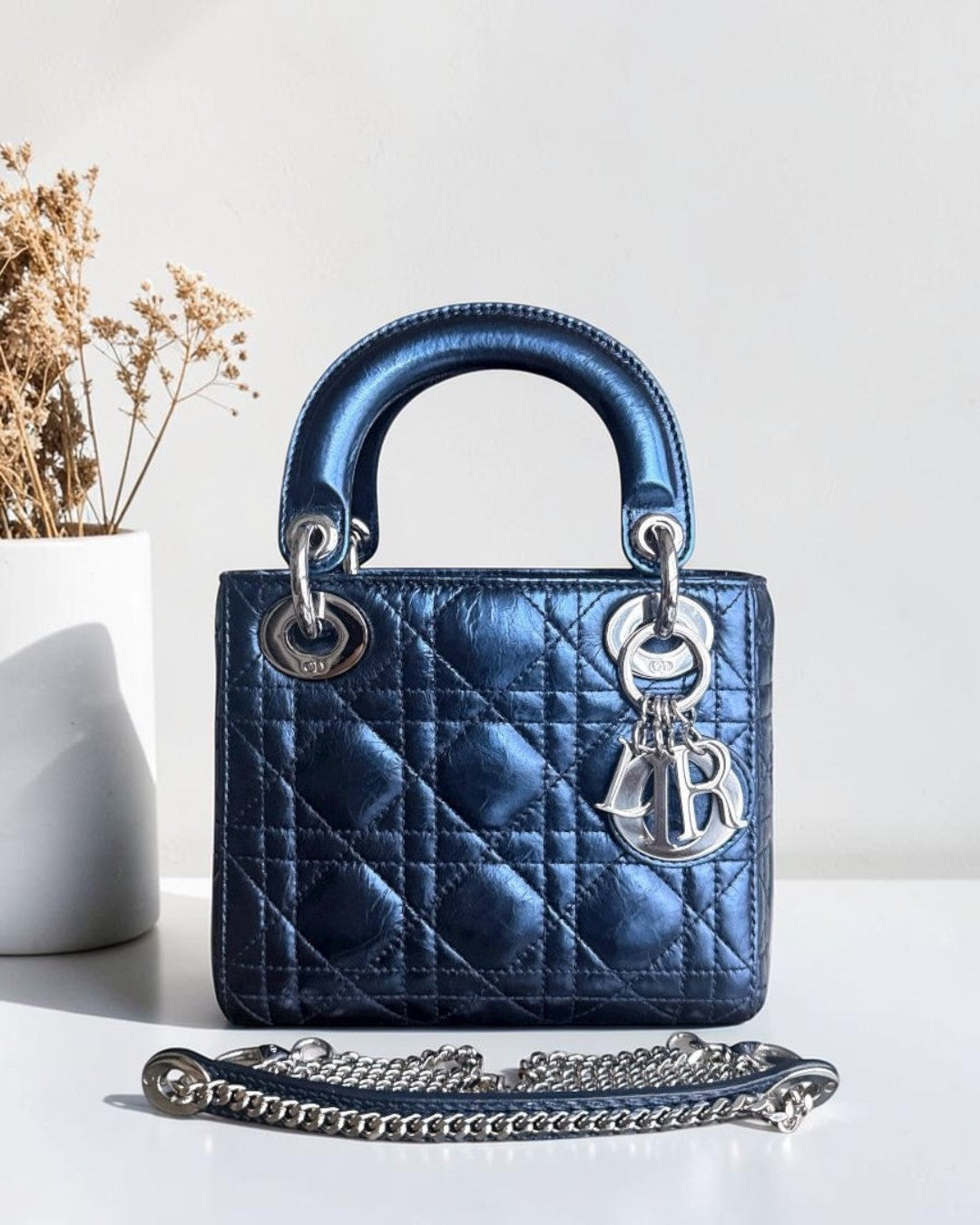 Dior Lady Mini - Cannage Glazed Calfskin Metallic Blue Silver Hardware