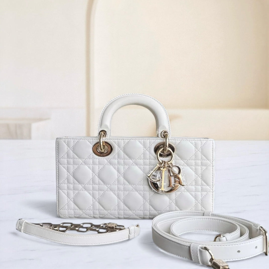 Dior D-joy Medium - Cannage Lambskin White Gold Hardware