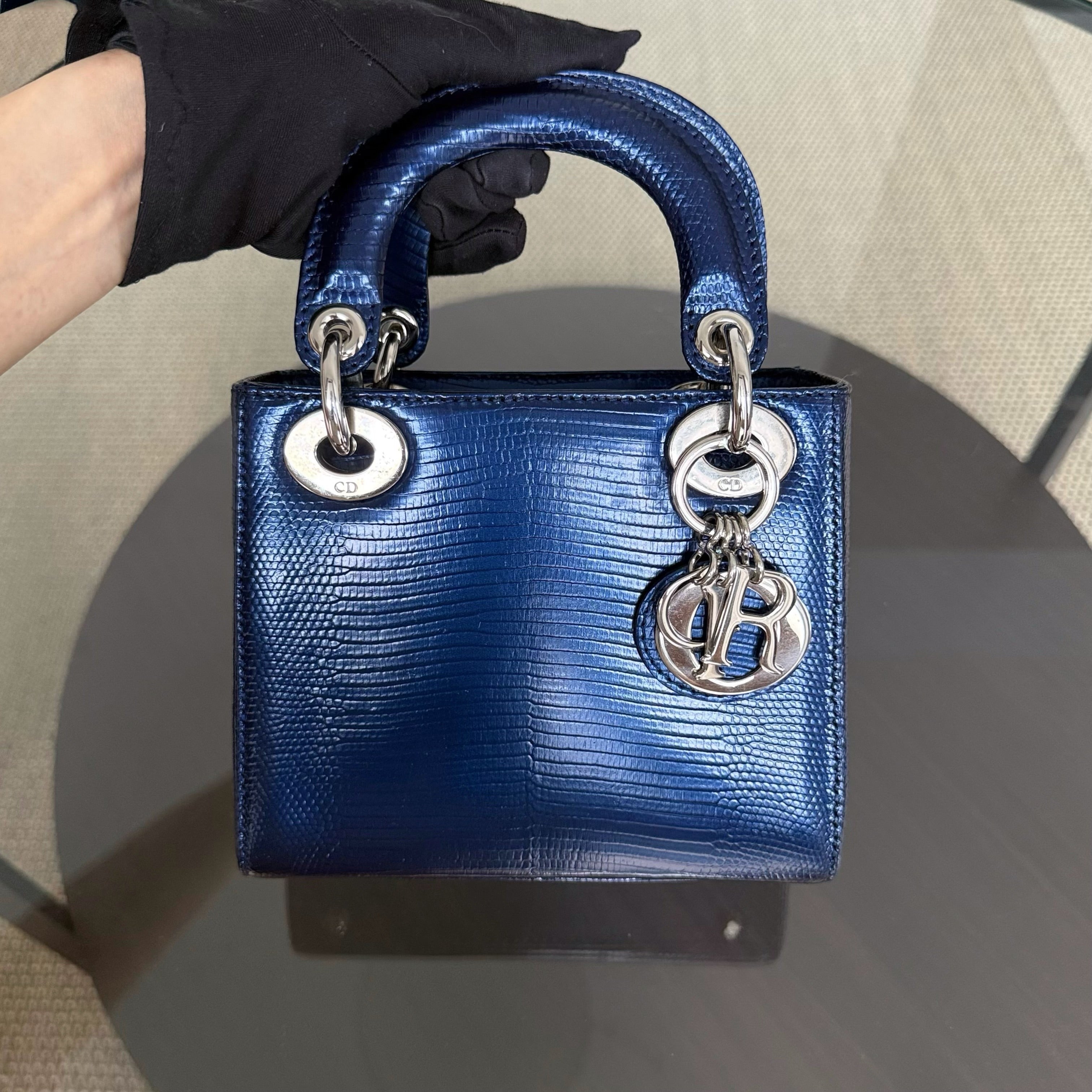 Dior Lady Mini - Exotic Lizard Dark Blue Silver Hardware