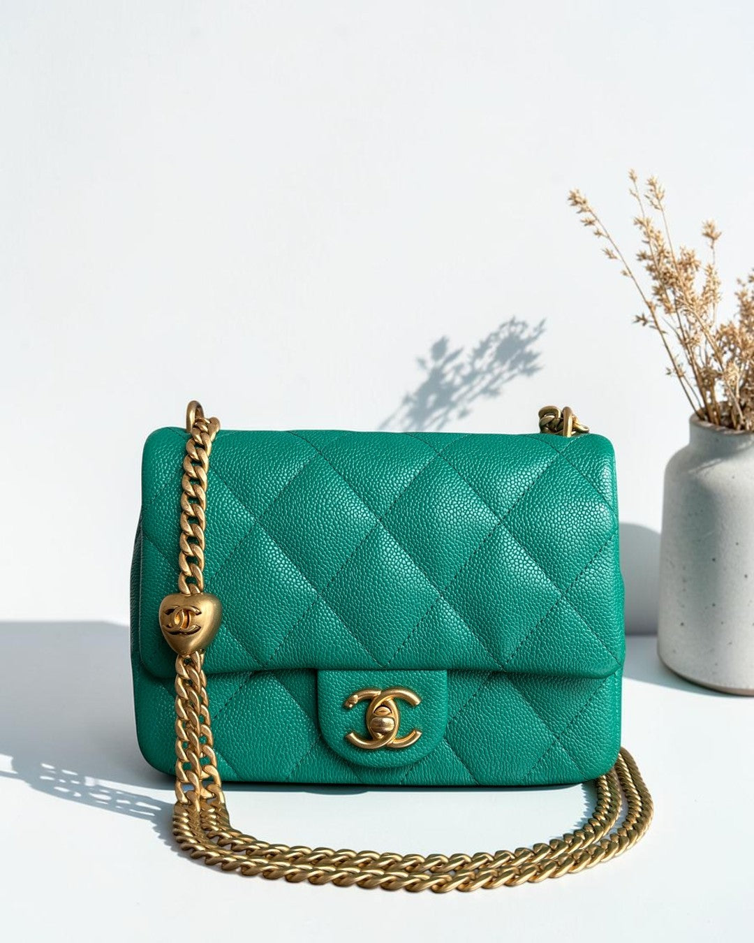 Chanel Flap Mini 21CM Sweetheart 23P - Caviar Quilted Emerald Green Gold Hardware Microchip