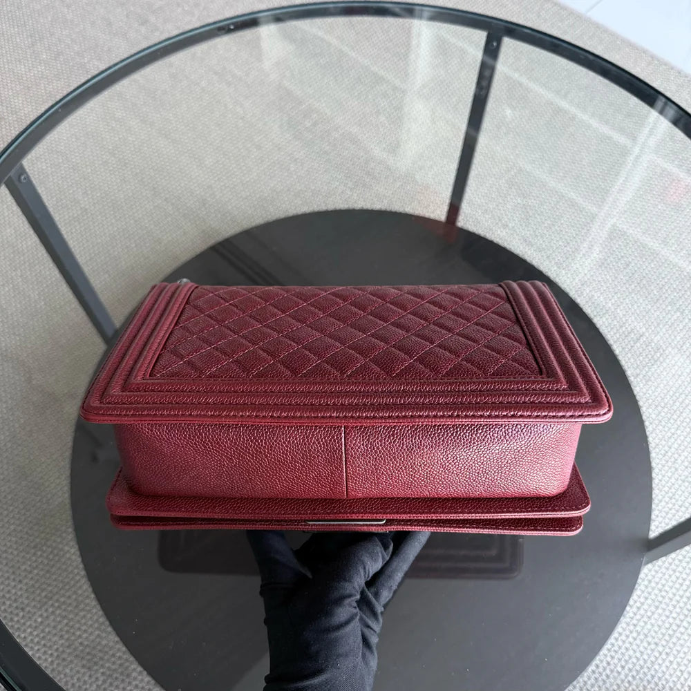 Chanel Boy Medium - 28CM Caviar Quilted Grained Calfskin Burgundy Dark Red Silver Hardware Series 19