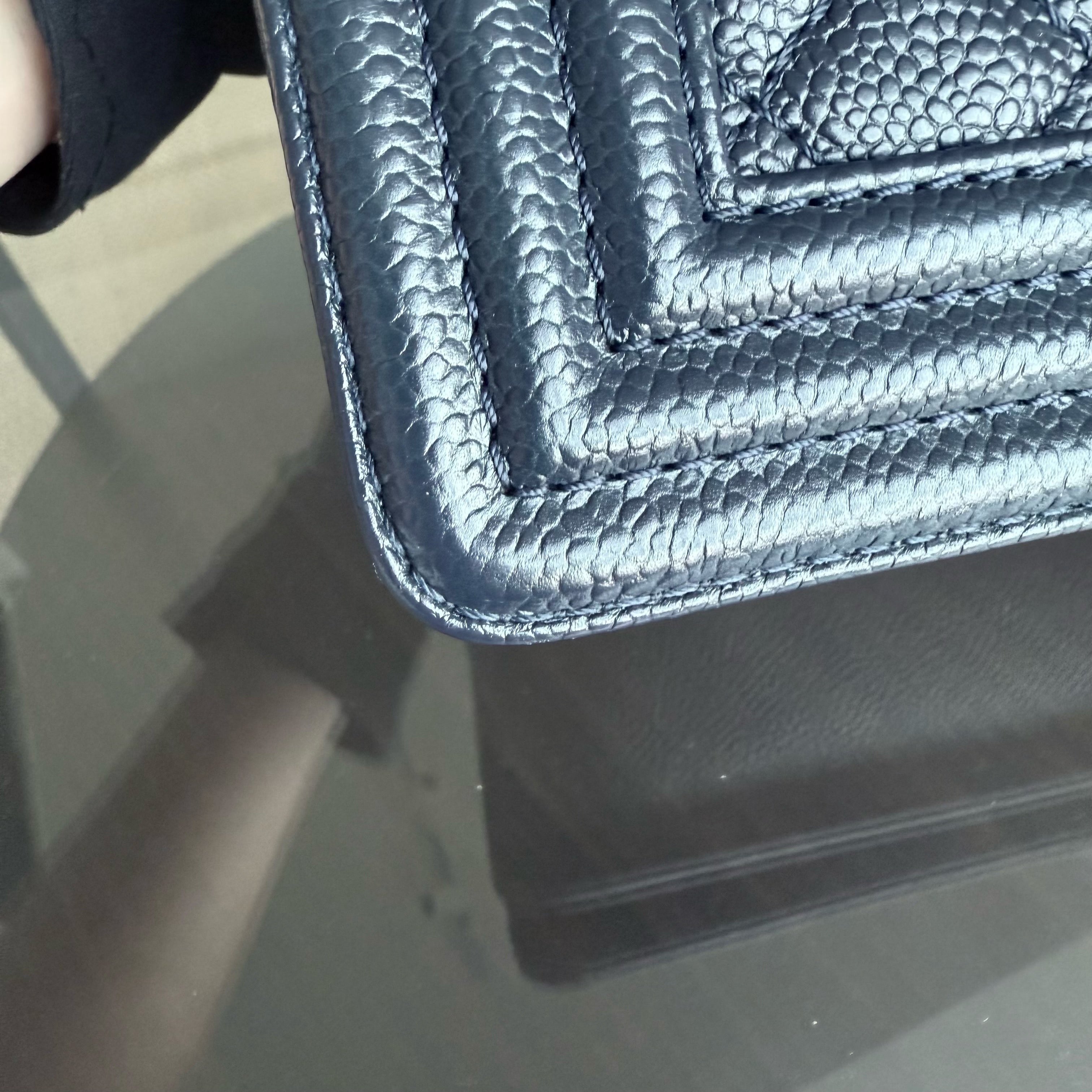 Chanel Boy New Medium - 28CM Caviar Quilted Grained Calfskin Dark Navy Blue Ruthenium Gold Hardware Series 19