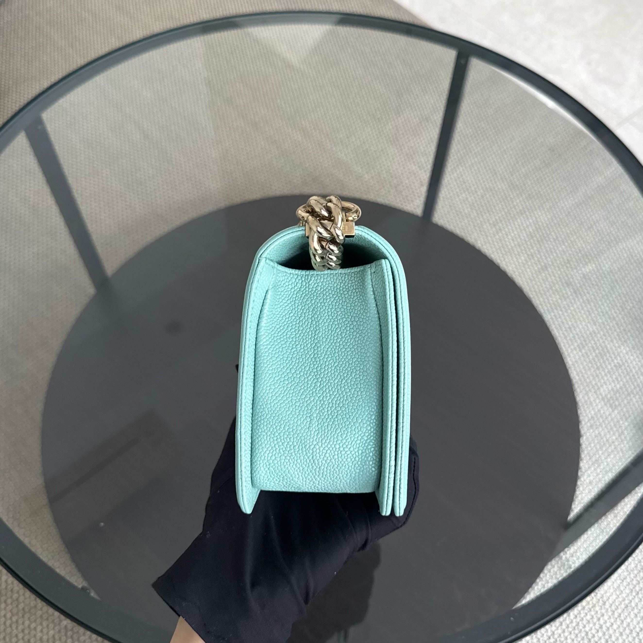 Chanel Boy Medium - 25CM Quilted Tiffany Blue Gold Hardware Series 29