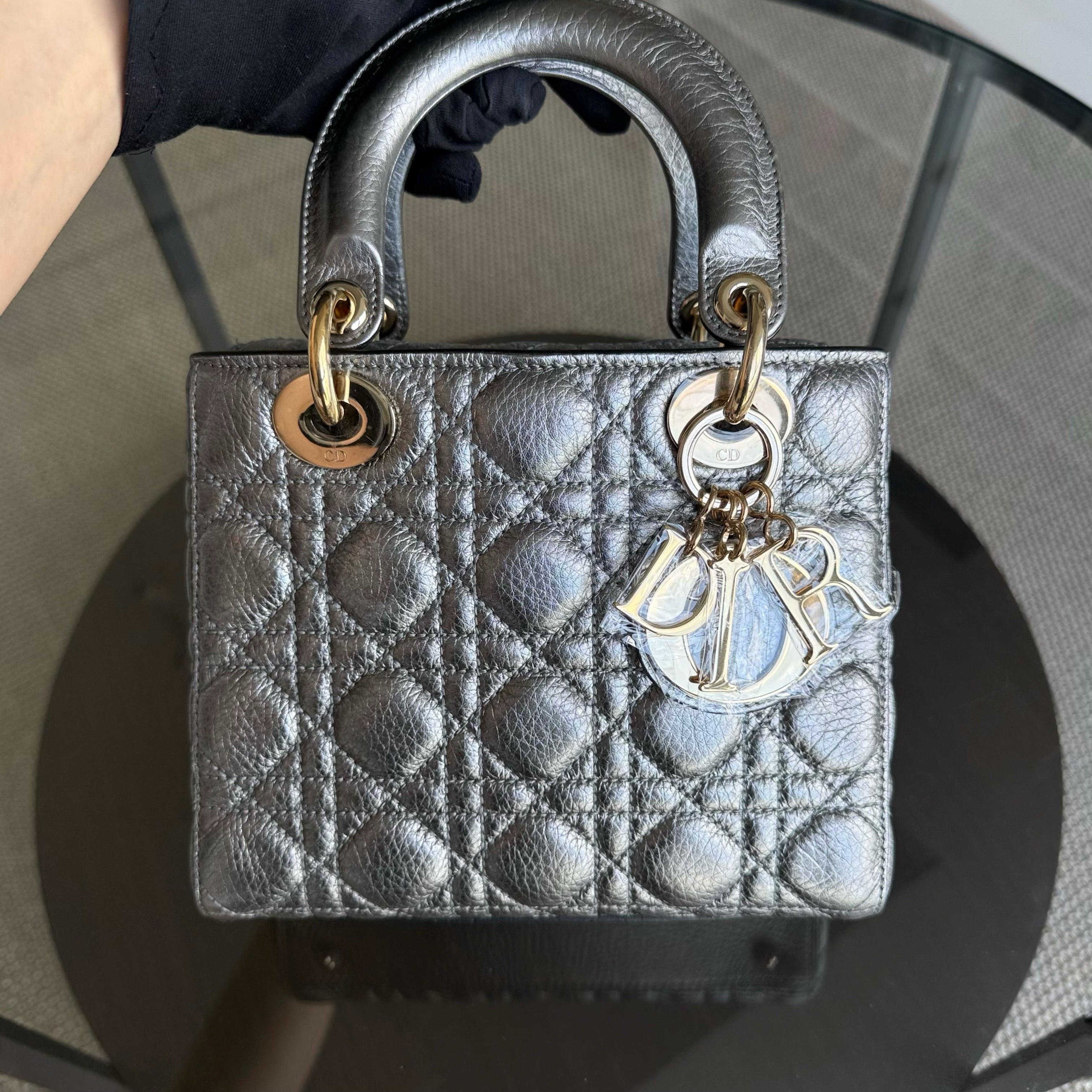 Dior Lady Small - Cannage Gray Calfskin Gold Hardware