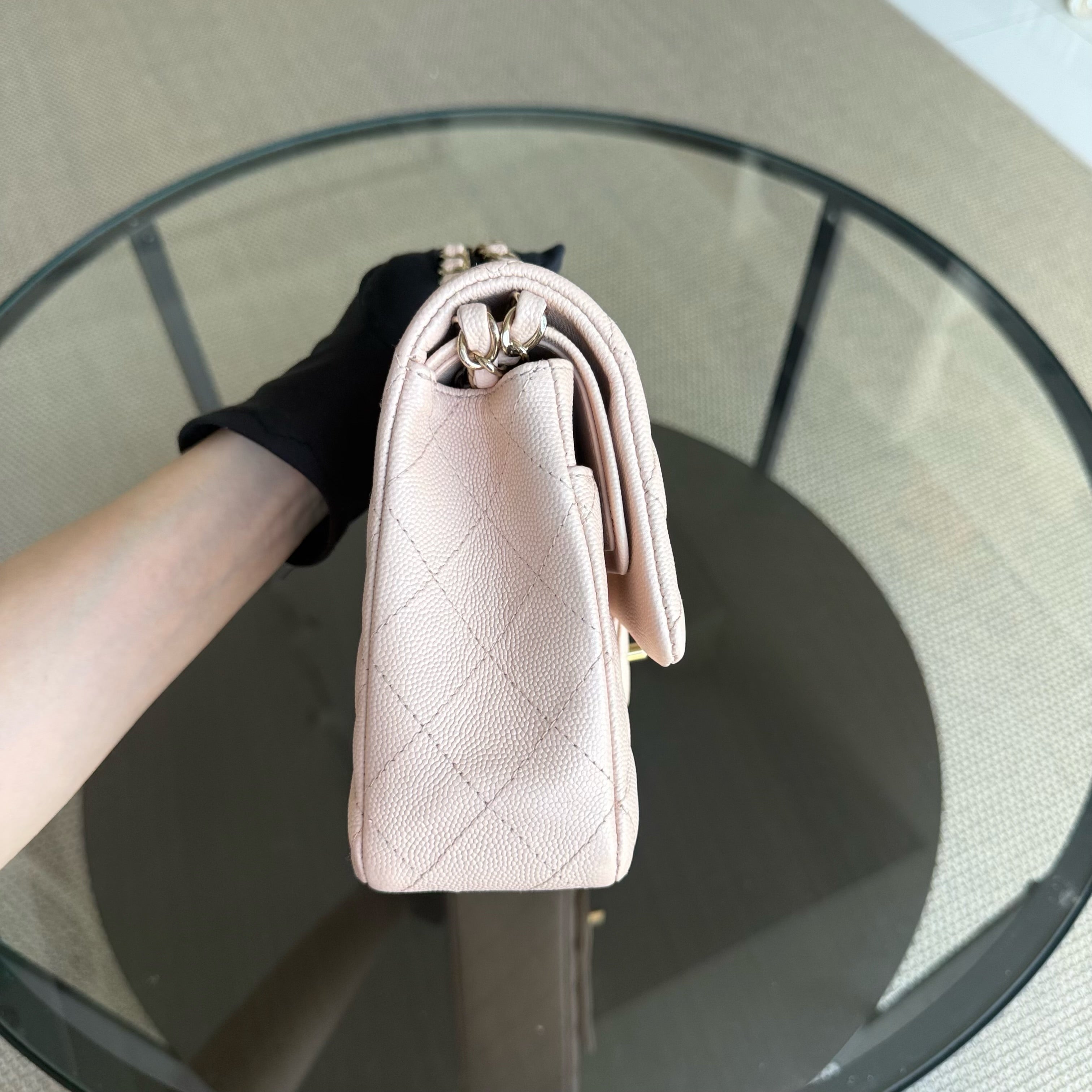 Chanel Classic Flap Medium - Caviar 25CM Quilted Grained Calfskin Light Pink Beige Gold Hardware Microchip