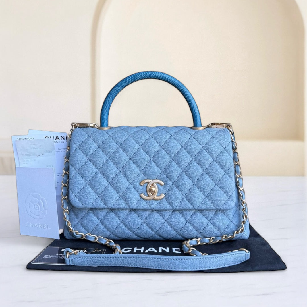 Chanel Coco Handle Medium - Caviar 29CM Quilted Sky Blue Gold Hardware Series 27