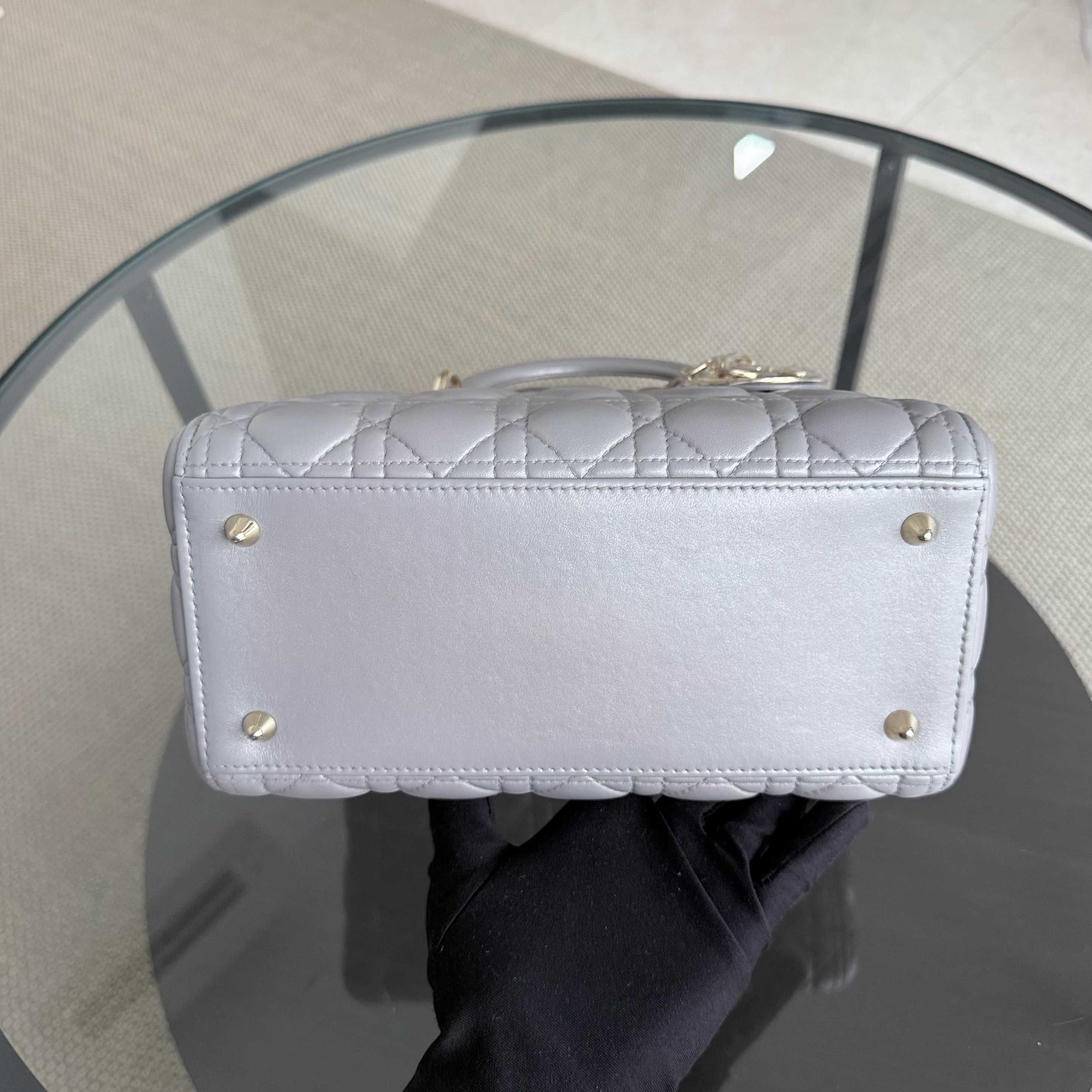 Dior Lady Medium - Cannage Lambskin Gray Grey Gold Hardware Adjustable Strap