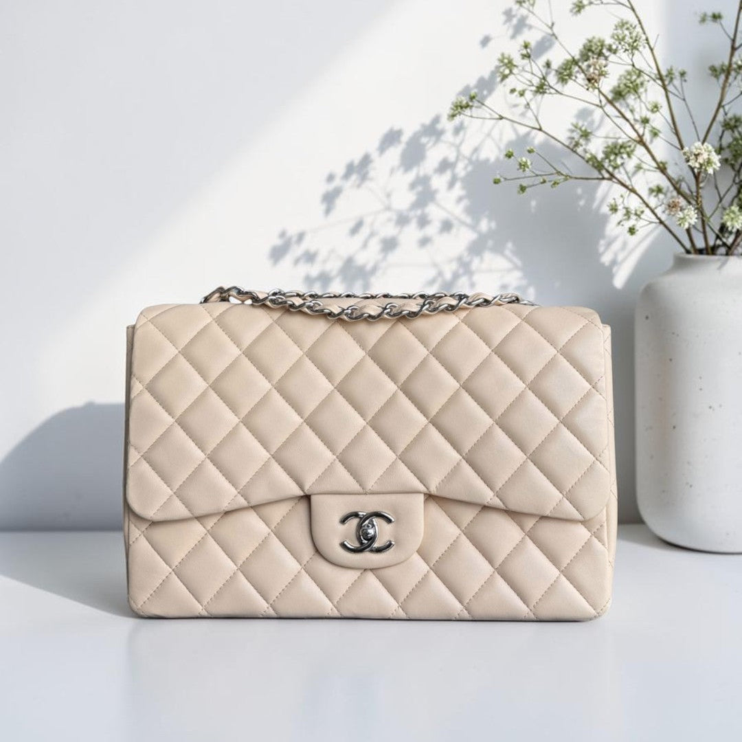 Chanel Classic Flap Jumbo - 30CM Single Flap Quilted Lambskin Beige Silver Hardware Series 14