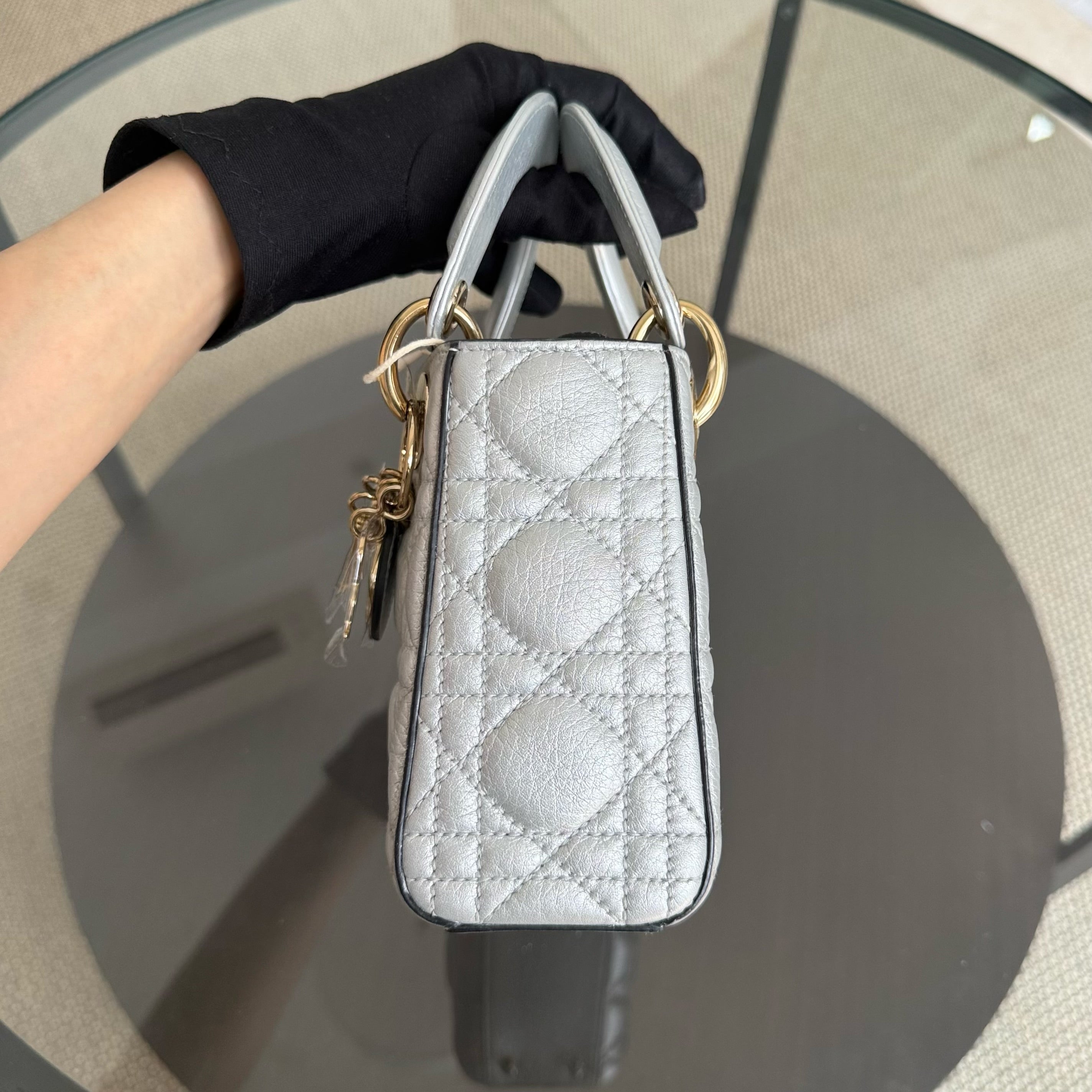 Dior Lady Mini - Cannage Caviar Gray Grey Gold Hardware
