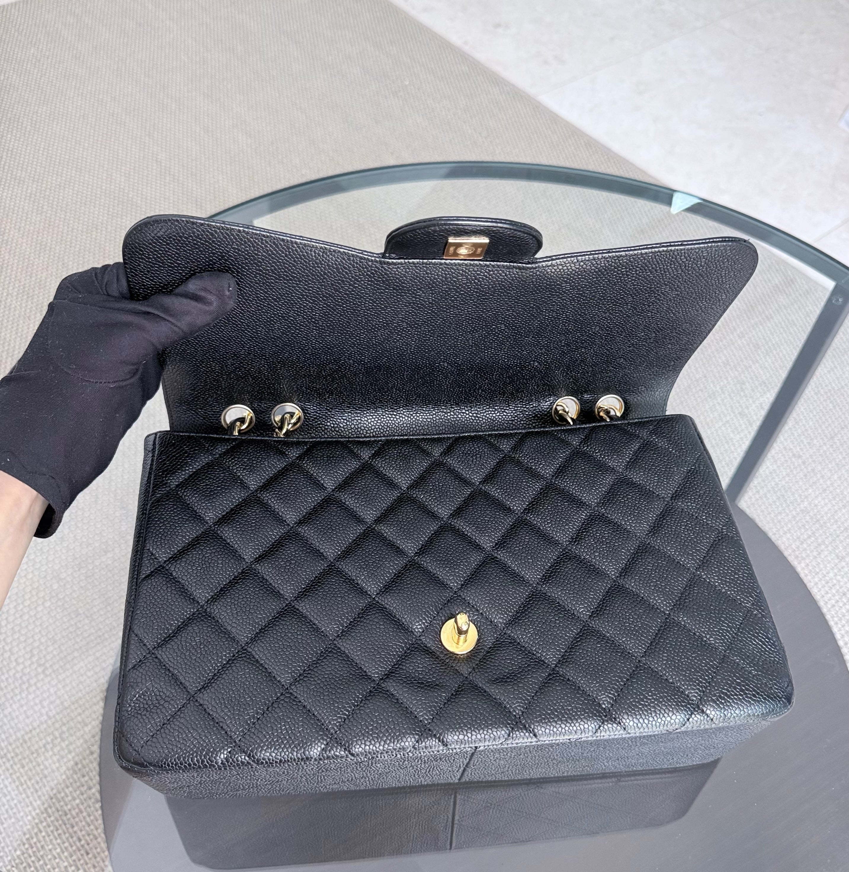 Chanel Classic Flap Jumbo - Caviar 30CM Single Flap Quilted Black 24K Gold Hardware Series 12