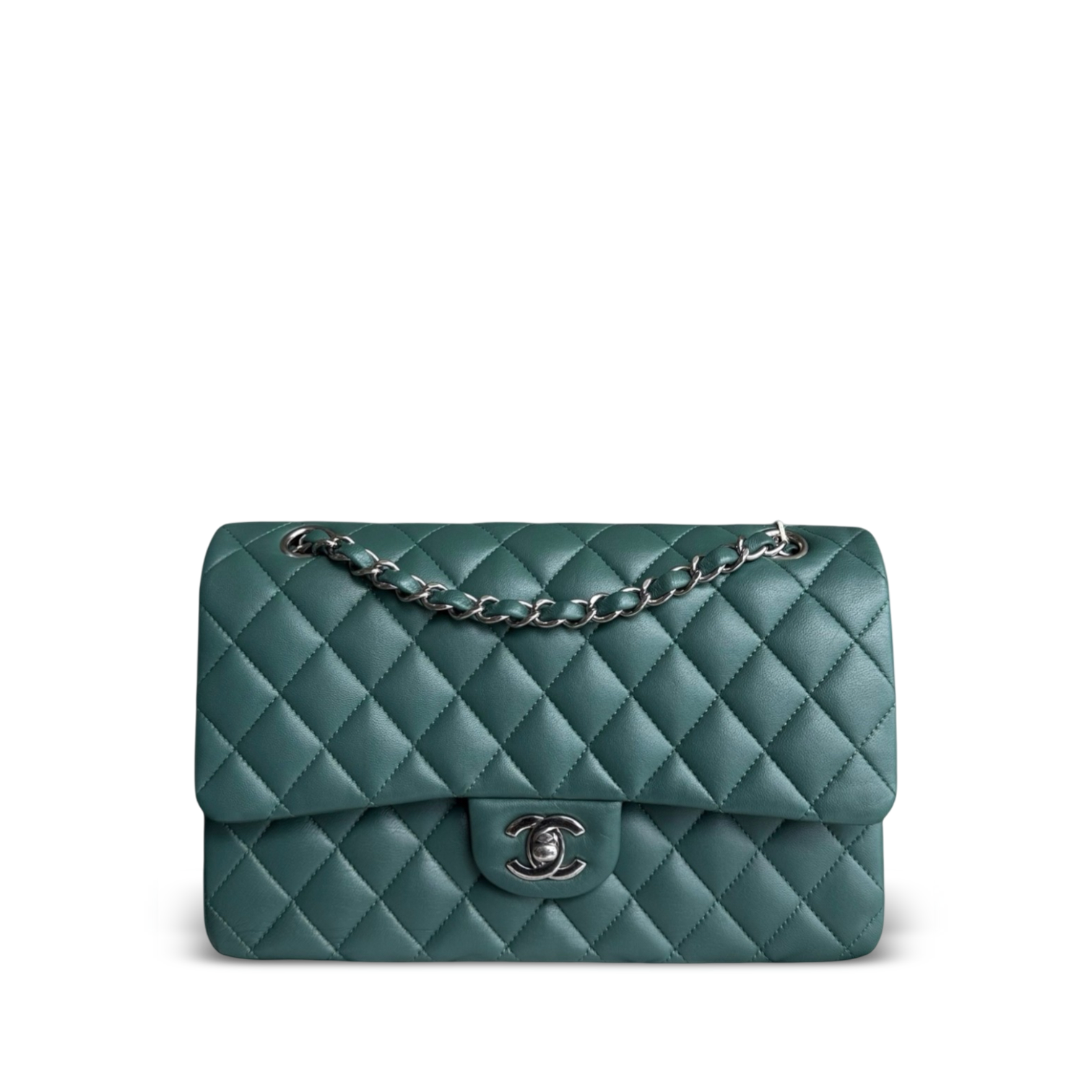 Chanel Classic Flap Medium - 25CM Quilted Lambskin Olive Green Blue Silver Hardware Series 26
