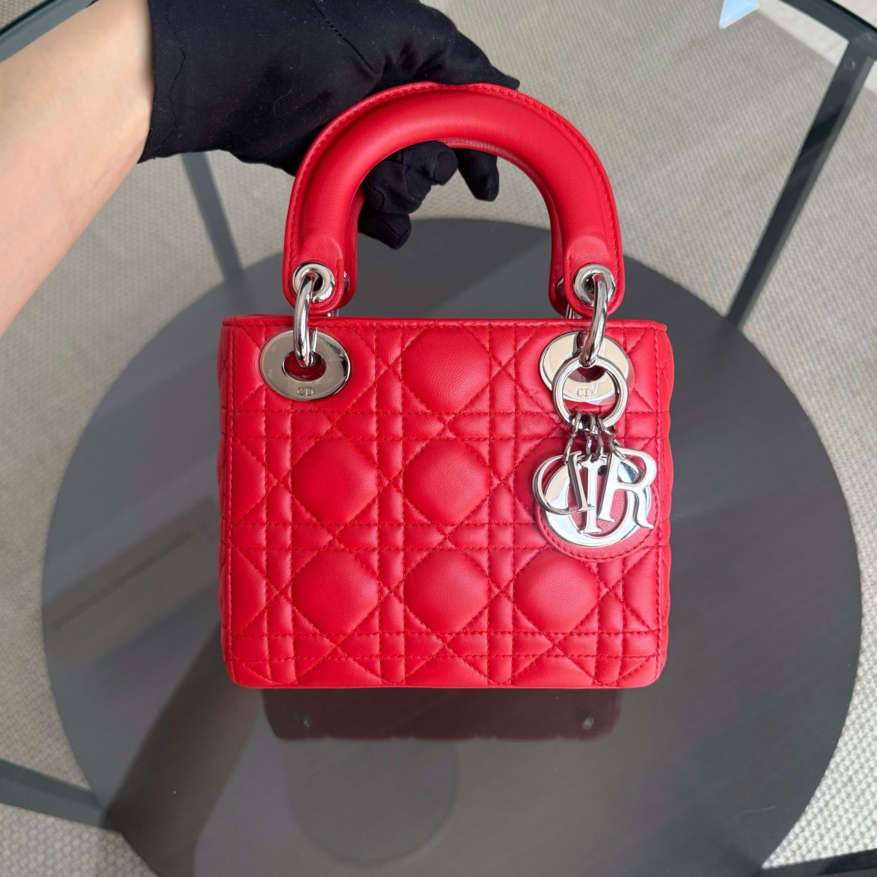 Dior Lady Mini - Cannage Lambskin Red Silver Hardware Adjustable Strap