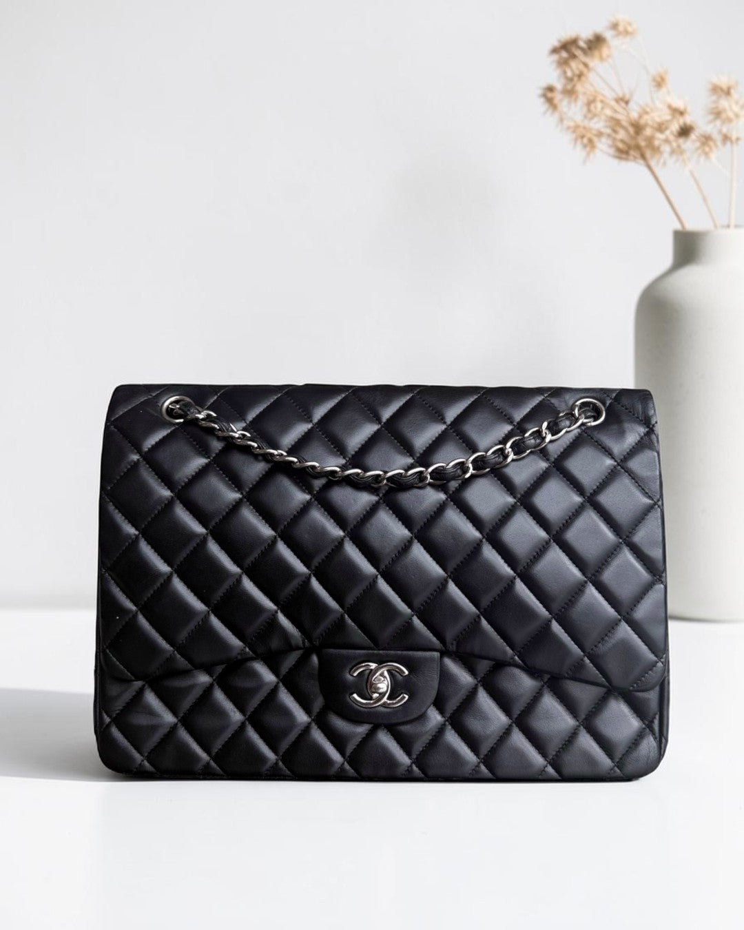 Chanel Classic Flap Maxi - 33CM Quilted Single Flap Lambskin Black Silver Hardware Series 13