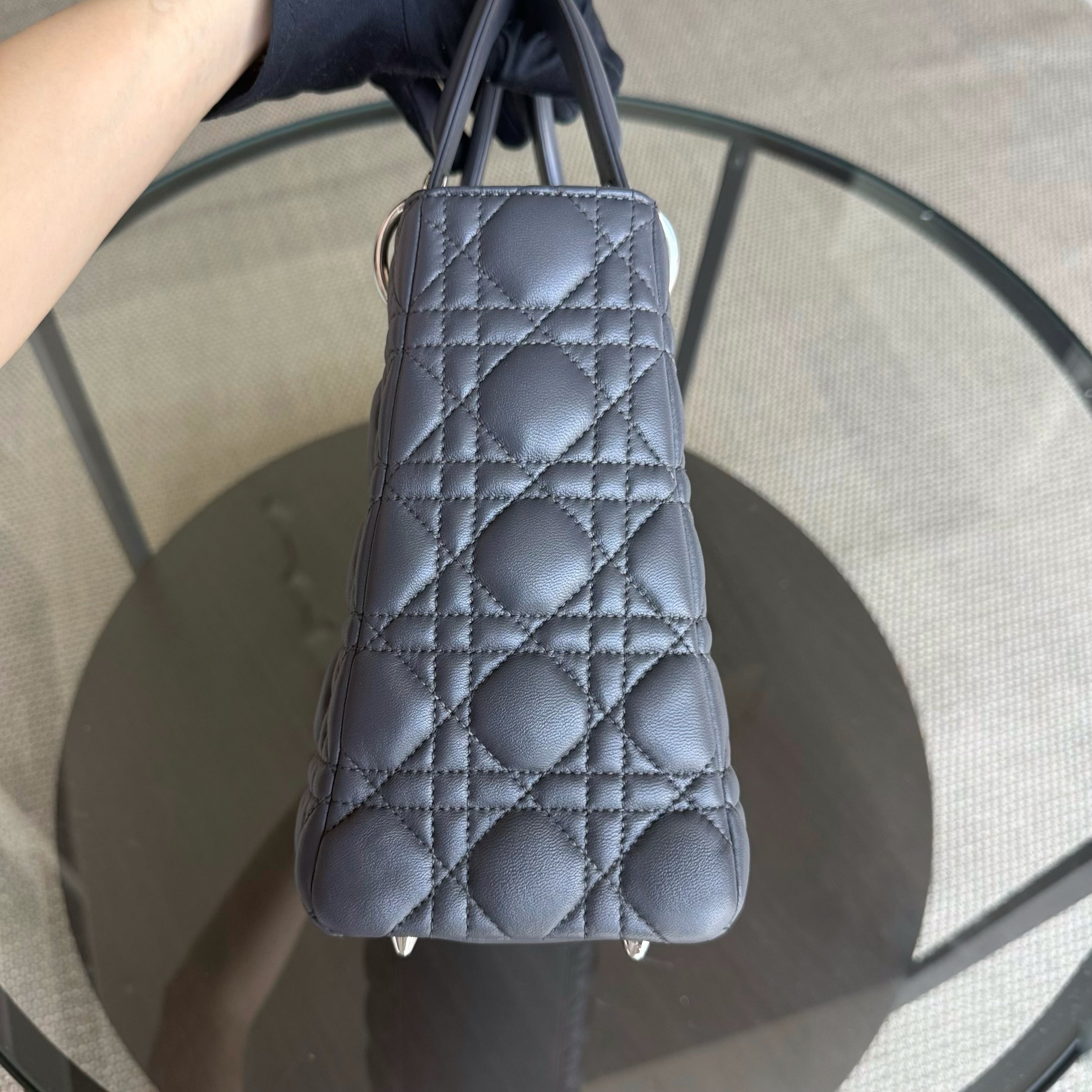 Dior Lady Medium - Cannage Lambskin Dark Gray Silver Hardware