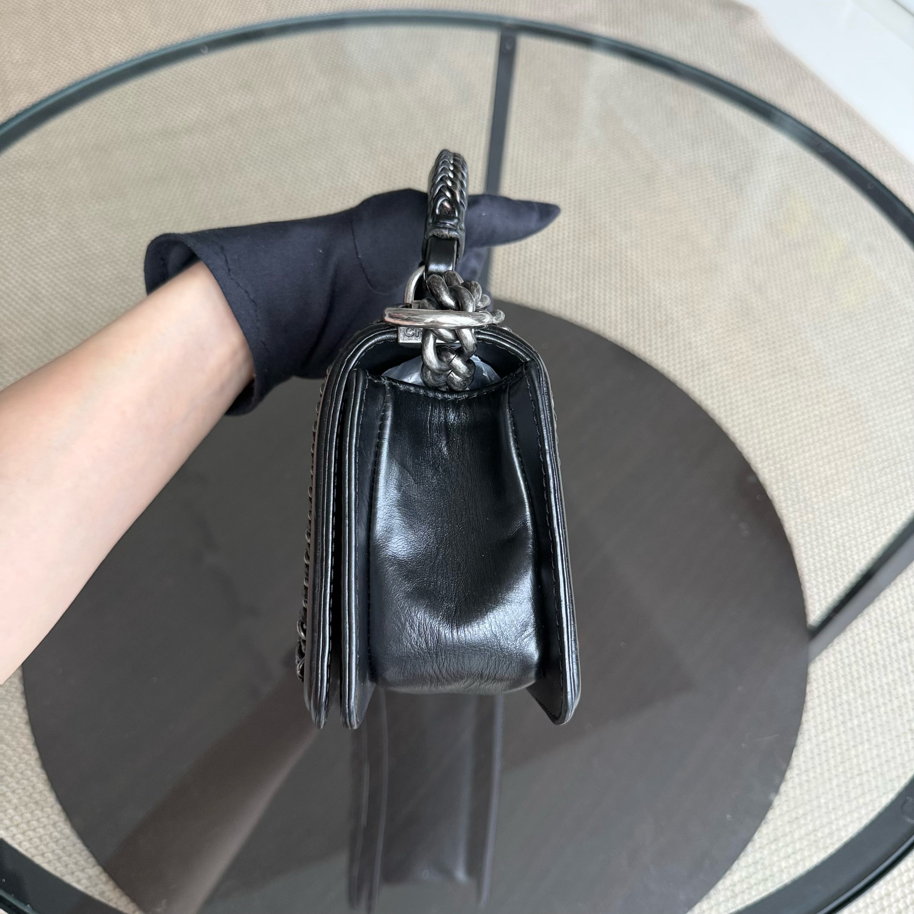 Chanel Boy Small Handle - 20CM Calfskin Chain Around Top Handle Limited Edition Black Ruthenium Silver Hardware Series 21