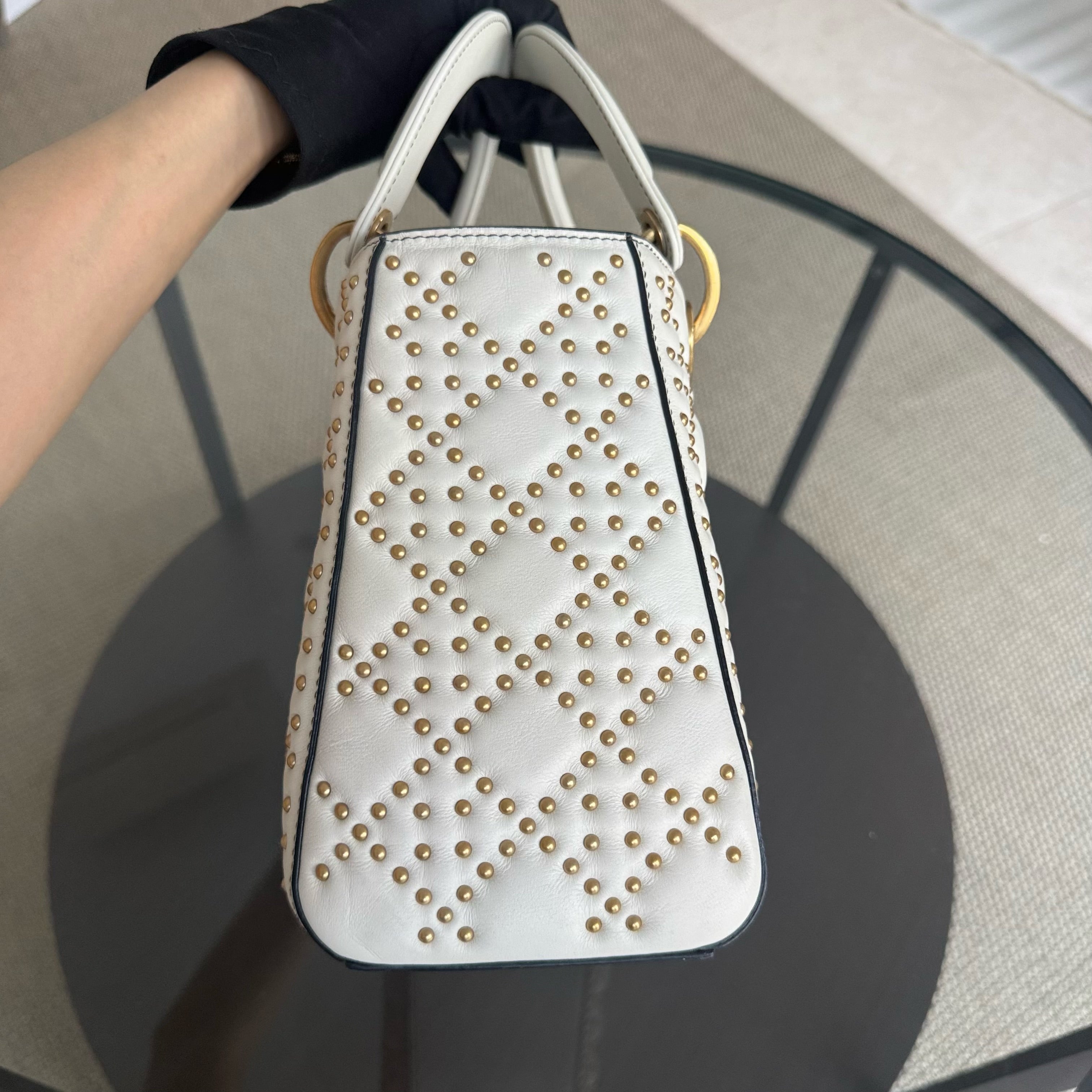 Dior Lady Medium Flap - Studded Cannage Calfskin White Gold Hardware