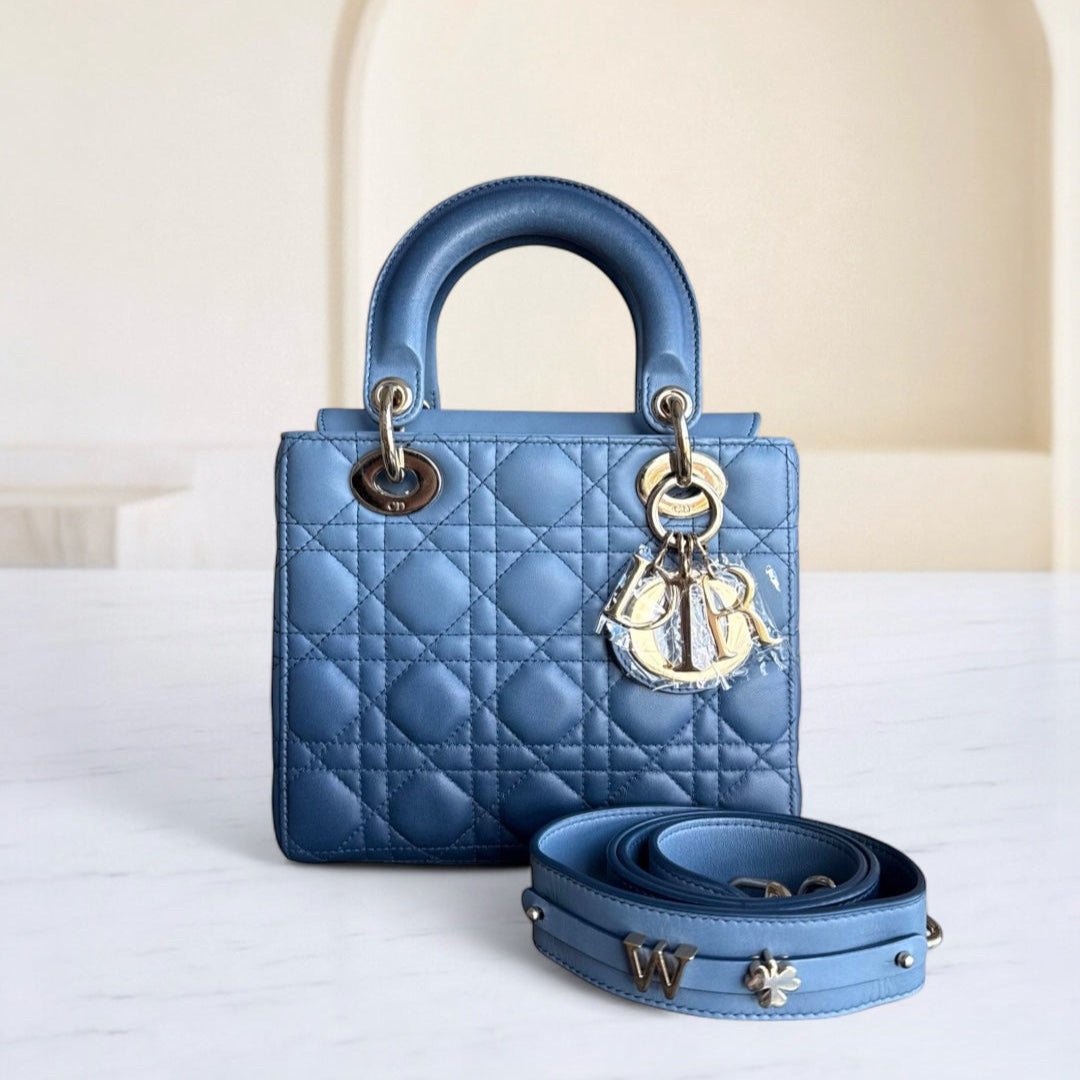 Dior Lady Small Flap - Cannage Lambskin Blue Gold Hardware with Charms