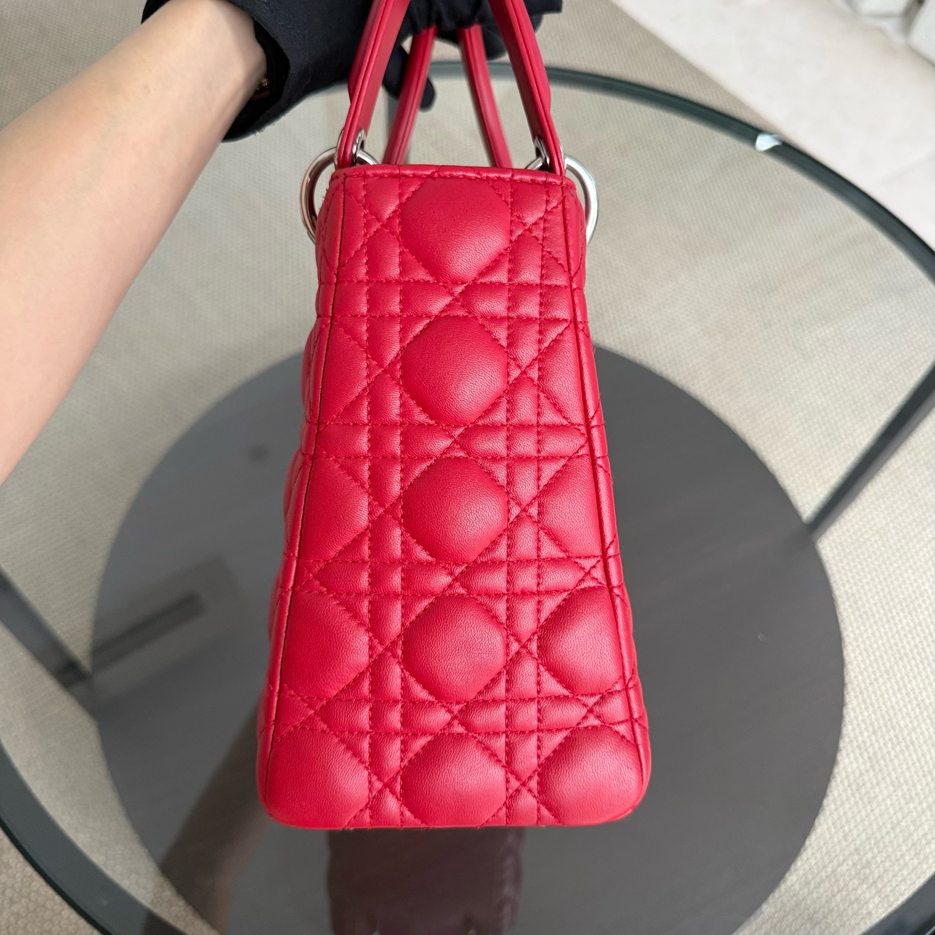 Dior Lady Medium - Cannage Lambskin Red Silver Hardware